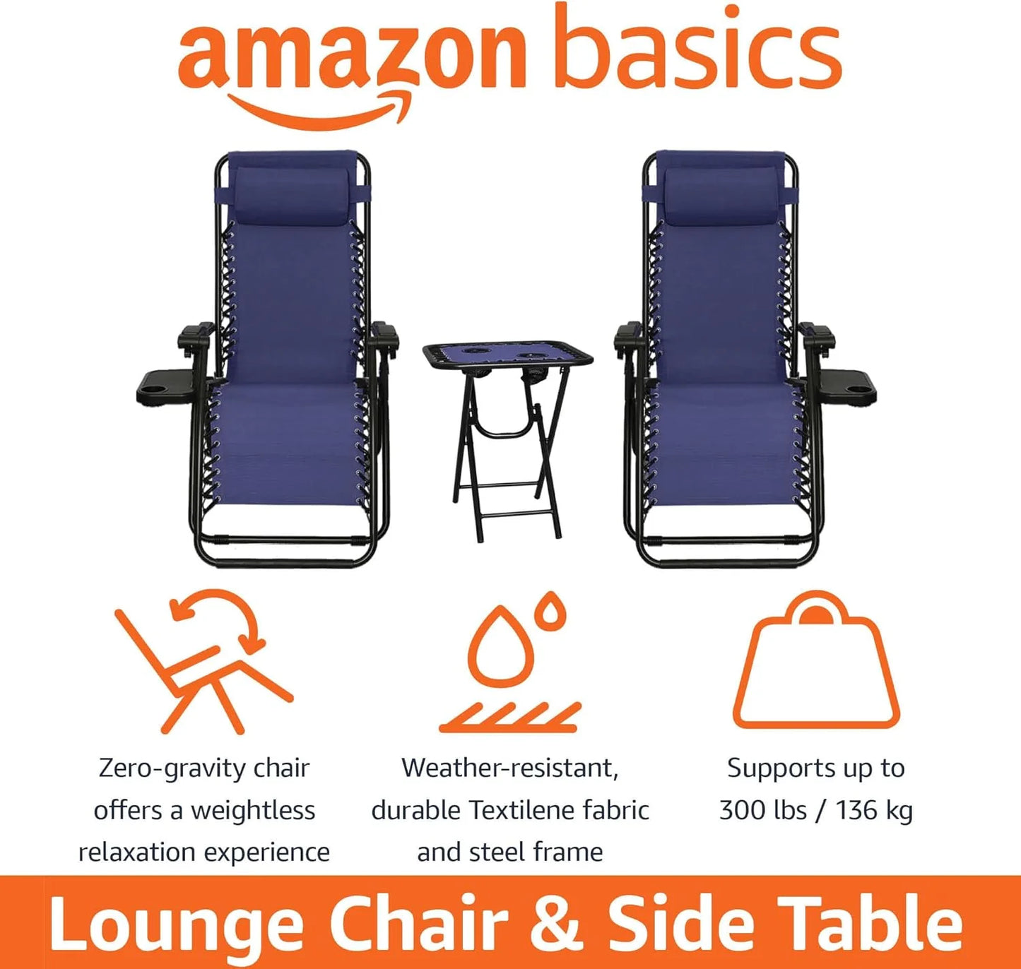 Amazon Basics Outdoor Patio Mesh Adjustable Zero Gravity Lounge Chair Recliners set of 2 with Side Table, 35 x 26 x 43 inches, Beige