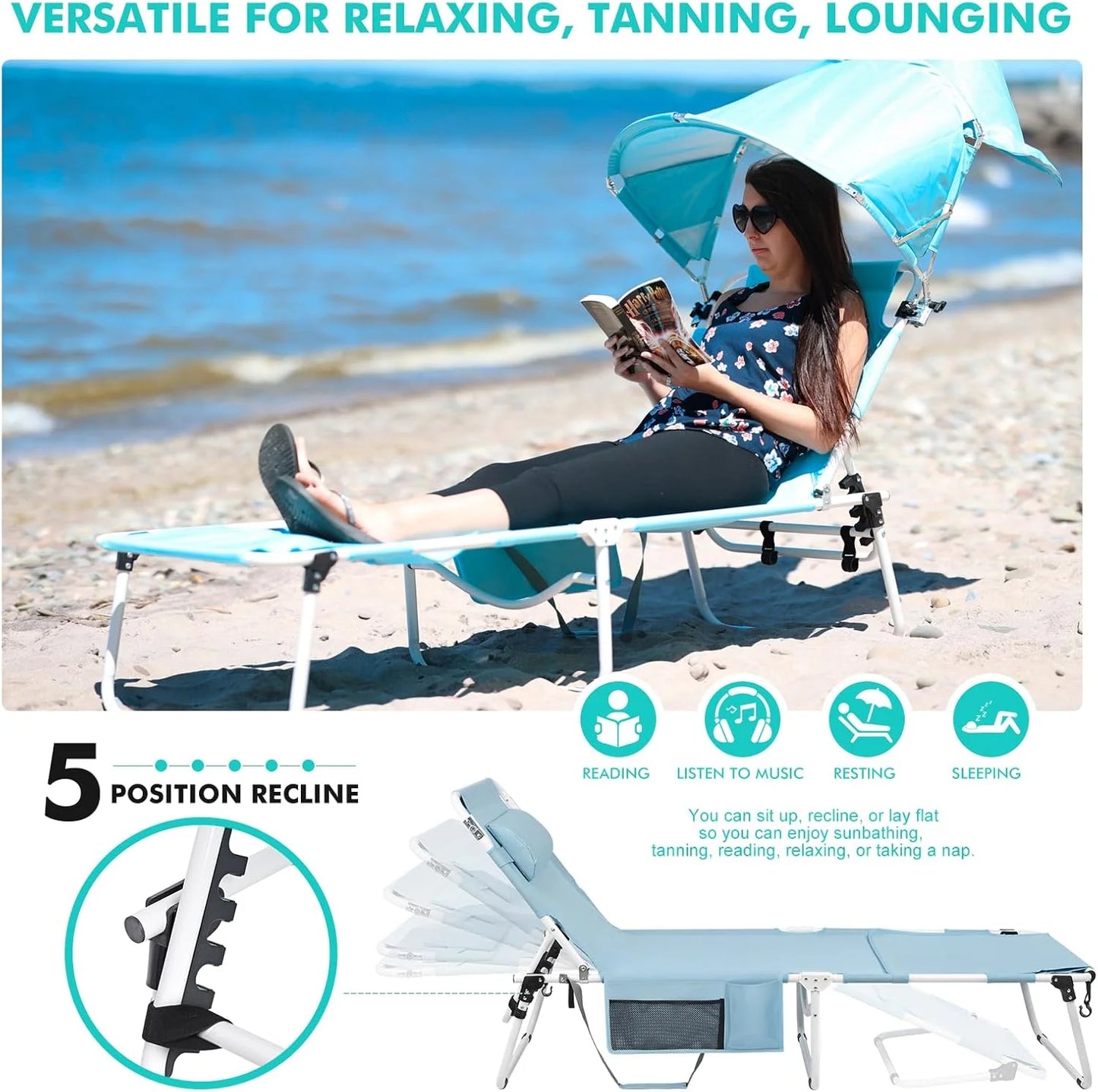 Tanning Chair with Sun Canopy Face Hole, Heavy Duty Folding Chaise Lounge Chair 5 Position Reclining for Adults Outside Reading Sunbathing Poolside Camping Beach, UPF 50+ Sun Shade, 300 LBS