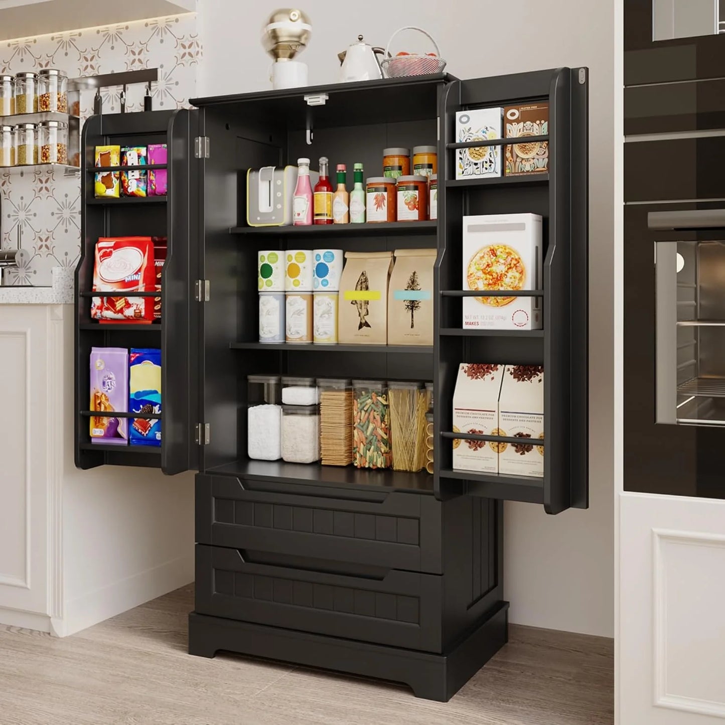 Gizoon Kitchen Pantry Cabinet with Drawers Freestanding Bathroom Storage Cabinet with Doors and Shelves, 47 Inch Small Pantry Cabinet