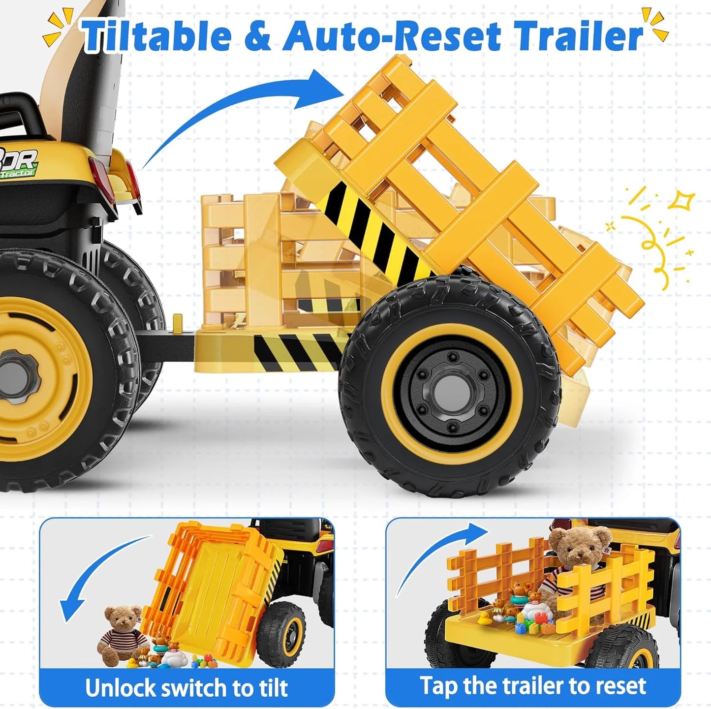 24V Ride On Tractor w/Tiltable & Detachable Trailer, 2x65W Motors, EVA Tires, Remote Control, Bluetooth, Shifter, Music, Electric Car for Kids, Green