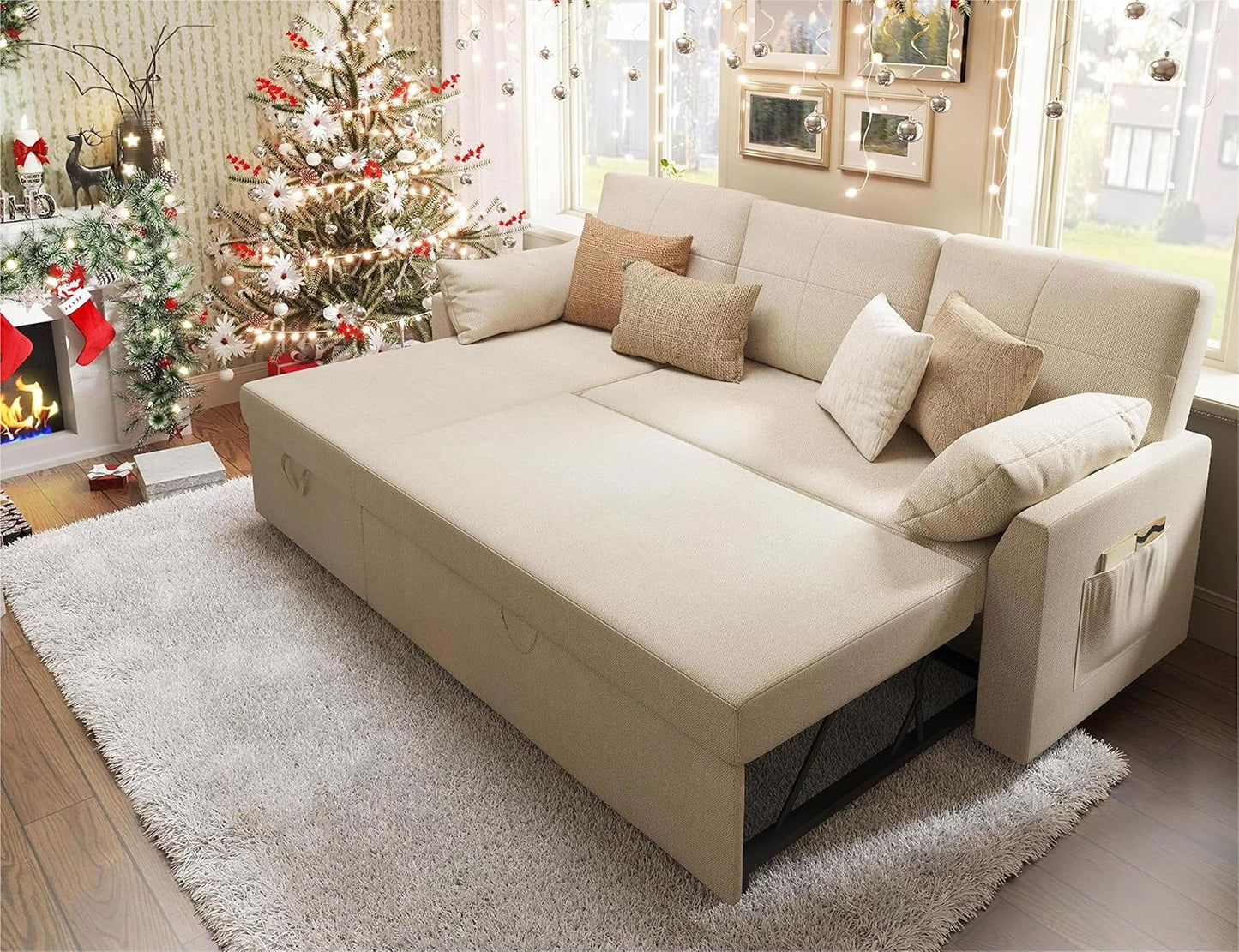 VanAcc Sofa Bed, Sleeper Sofa with Storage Chaise- 2 in 1 Pull Out Couch Living Room, Comfy Sleeper Couch