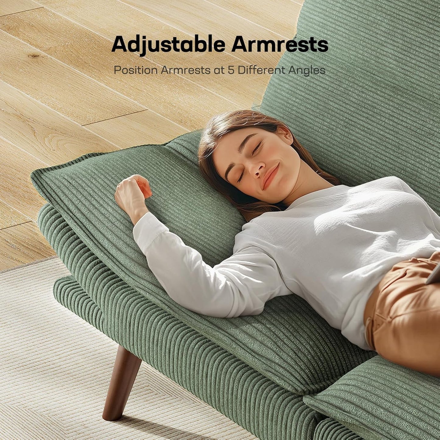 Futon Sofa Bed, Futon Sofa with Adjustable Back and Armrests, Converts to Small Sleeper Sofa Bed Corduroy Loveseat Green