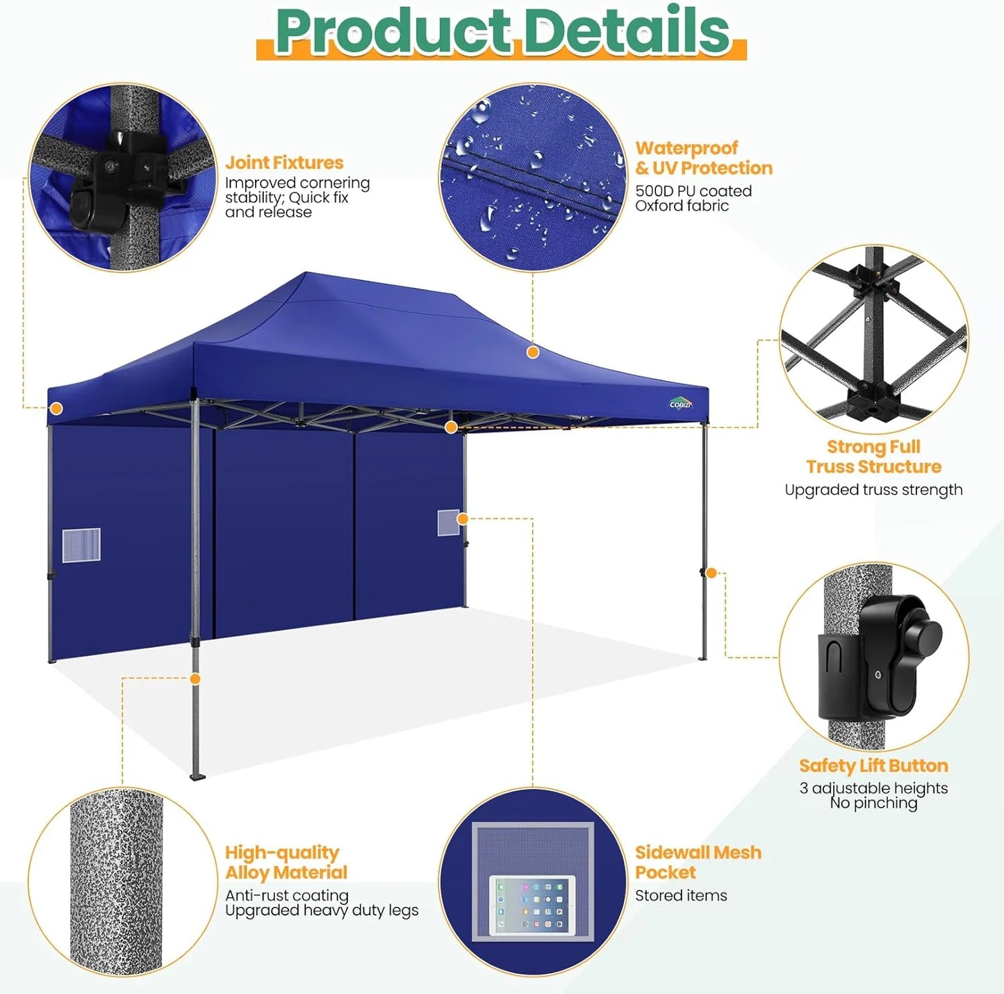 COBIZI 10x20 Heavy Duty Pop up Canopy Tent with 6 sidewalls Easy Up Commercial Outdoor Canopy Wedding Party Tents for Parties All Season Wind & Waterproof Gazebo with Roller Bag,Black(Frame Thickened)