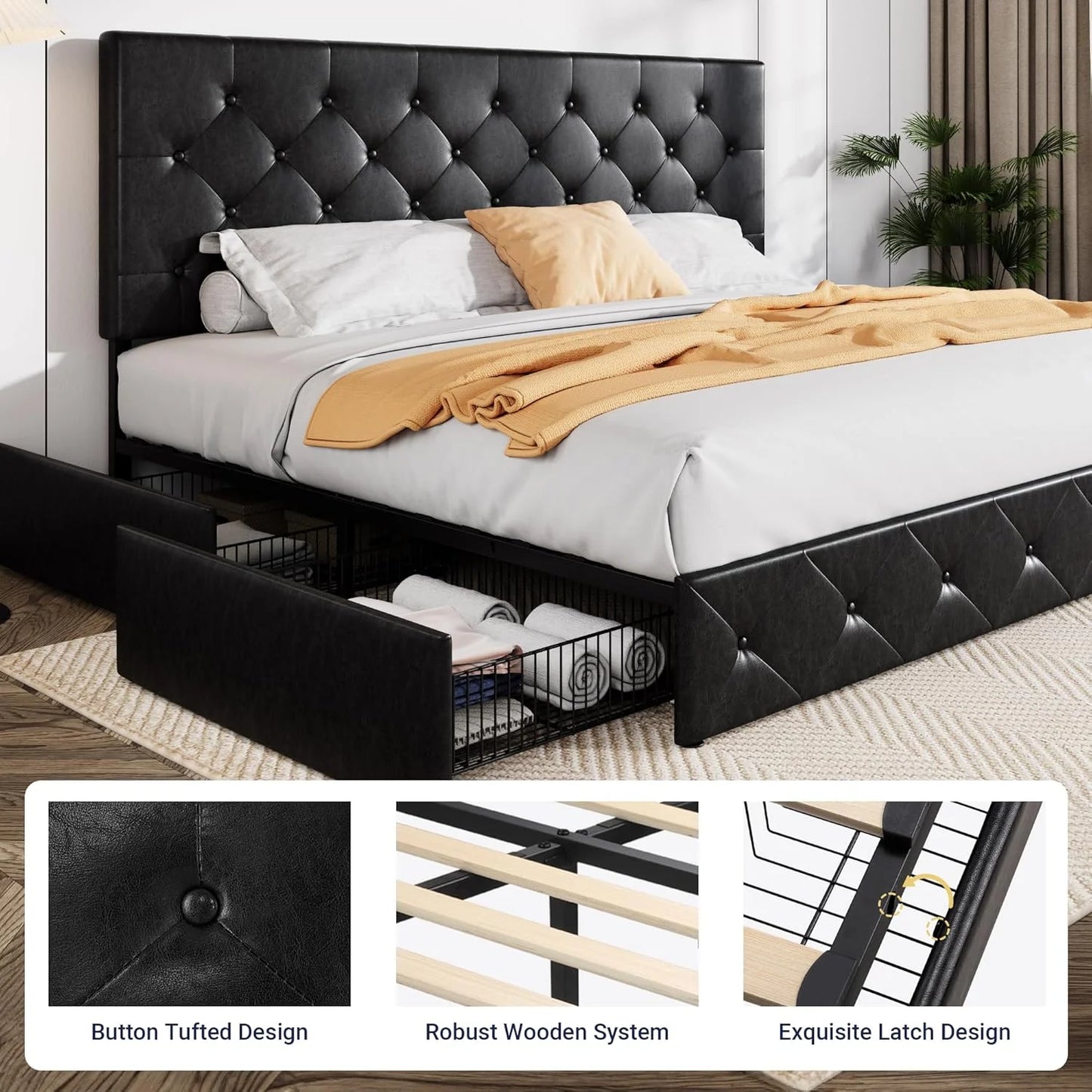 Allewie Upholstered Queen Size Platform Bed Frame with 4 Storage Drawers and Headboard, Square Stitched Button Tufted, Mattress Foundation with Wooden Slats Support, No Box Spring Needed