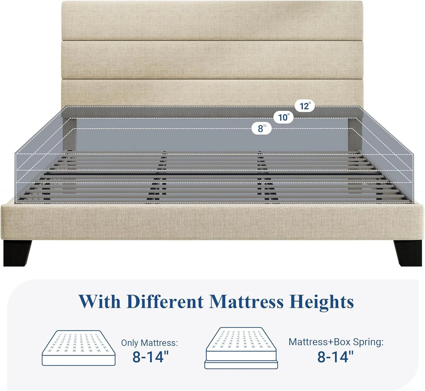 Allewie King size platform bed frame with velvet upholstered headboard and planks