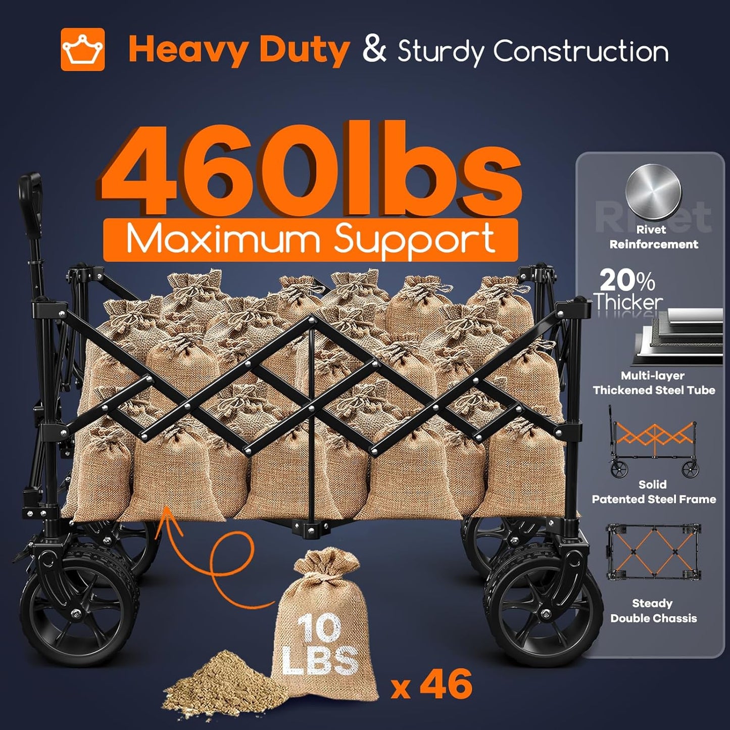 38" long foldable four-wheel stroller, foldable, 460 lb capacity, 220 liter heavy-duty folding beach stroller with large all-terrain tires