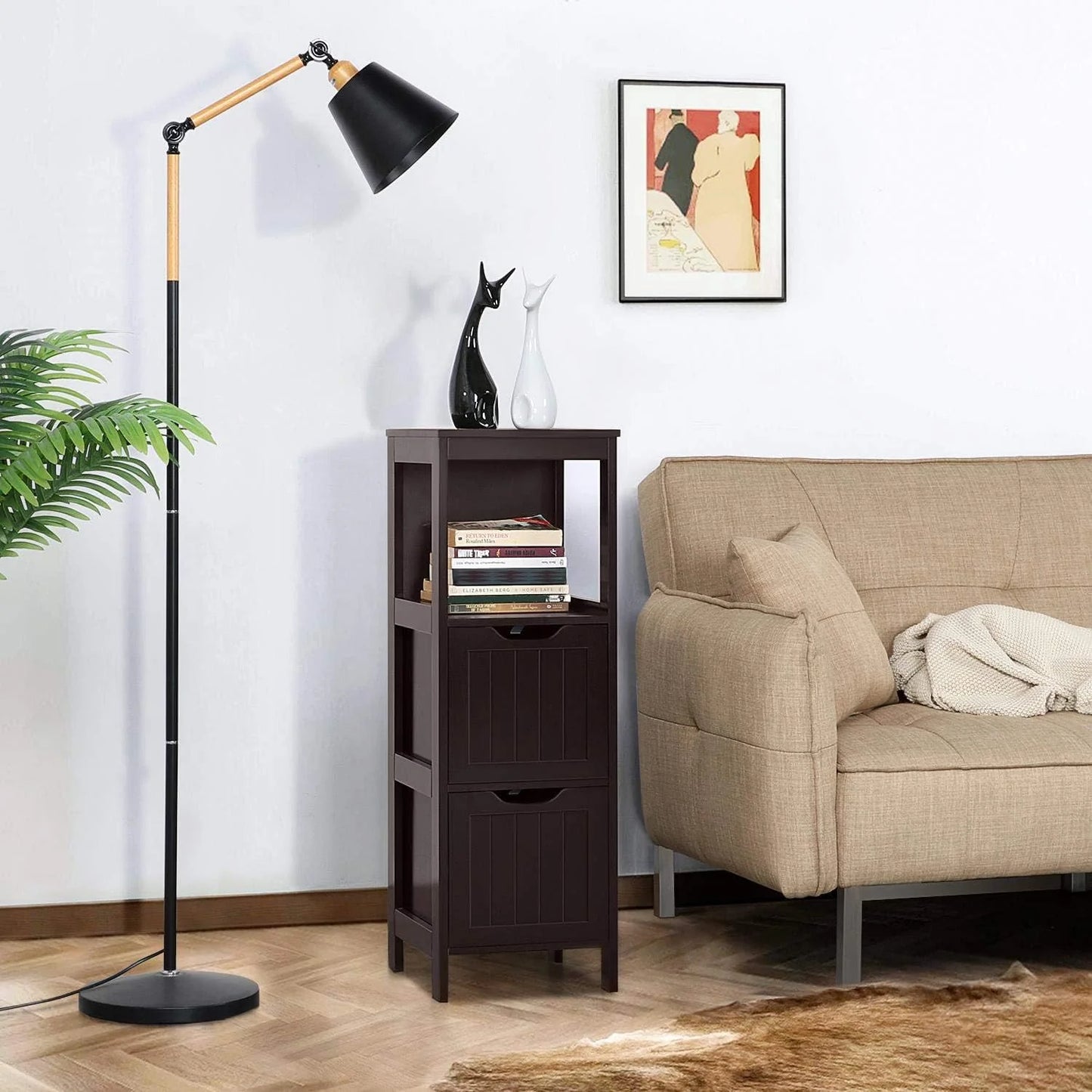 Bathroom Floor Cabinet, Wooden Storage Cabinet with 2 Drawers, Multifunctional Side Organizer Rack Stand Table