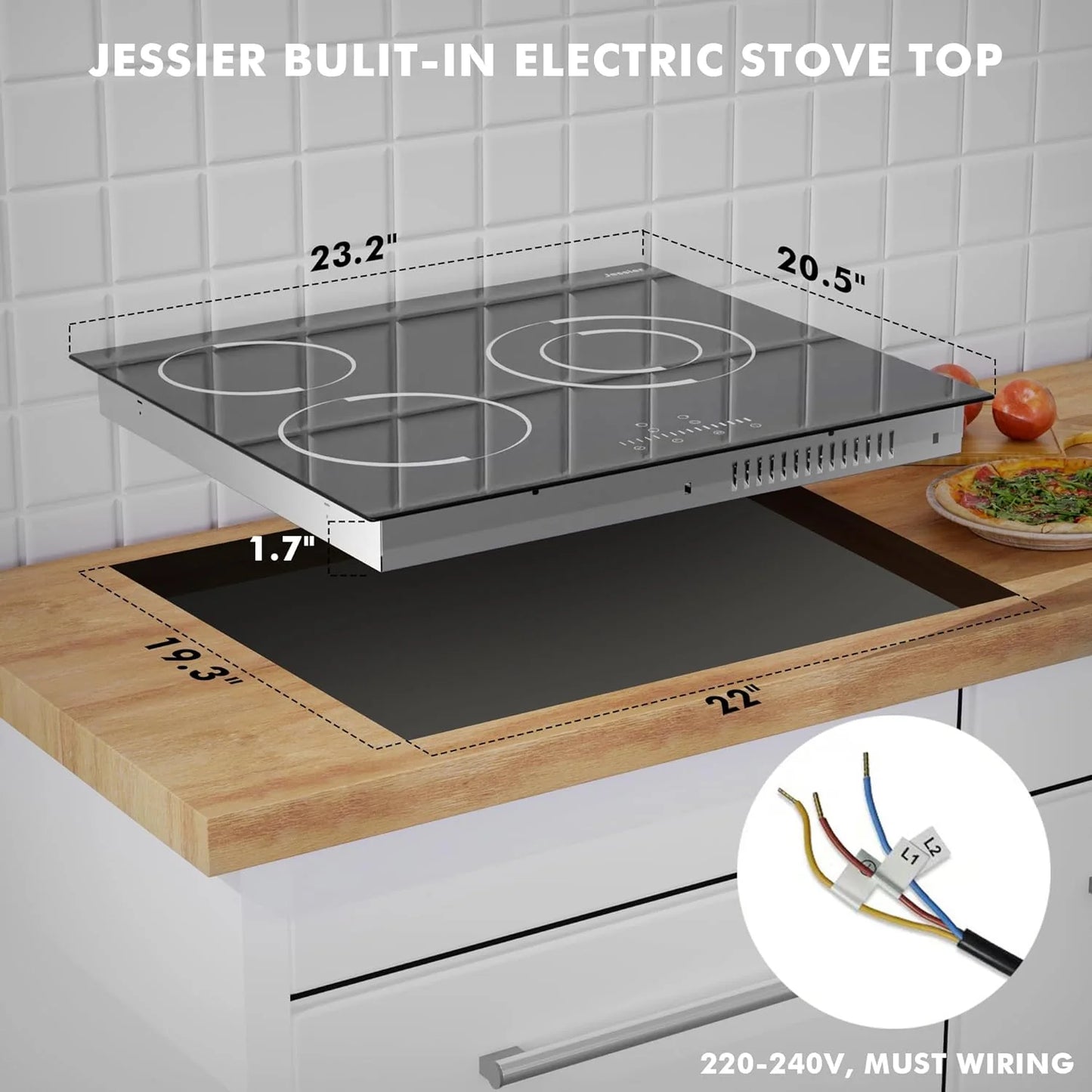 Electric Cooktop 30 Inch - 5 Burners Built-in Ceramic Cooktop, 30" Electric Stove Top with Glass Protection Metal Frame, 9 Heating Level, 8400W, 220-240V for Hard Wire(No Plug)