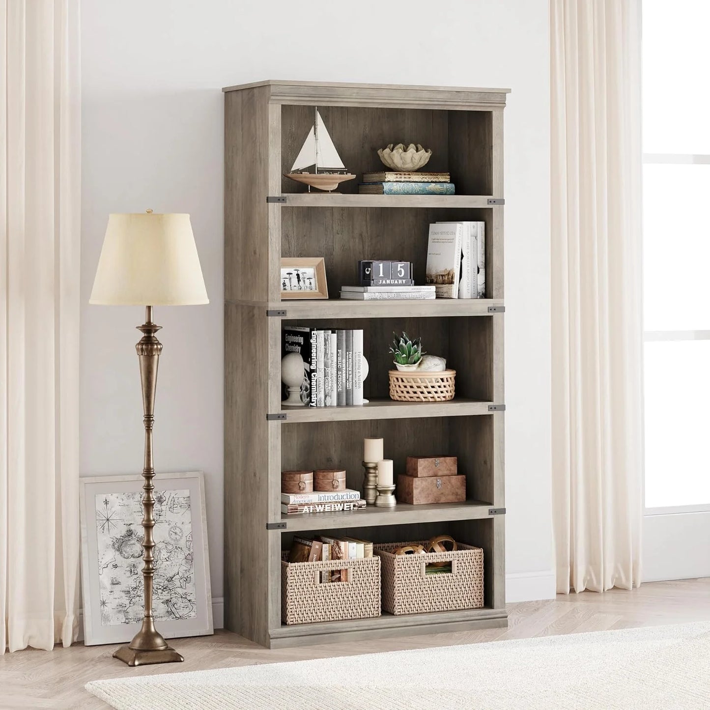 5 Tier Bookcase Farmhouse Book Shelf with Storage Open Display Bookshelves