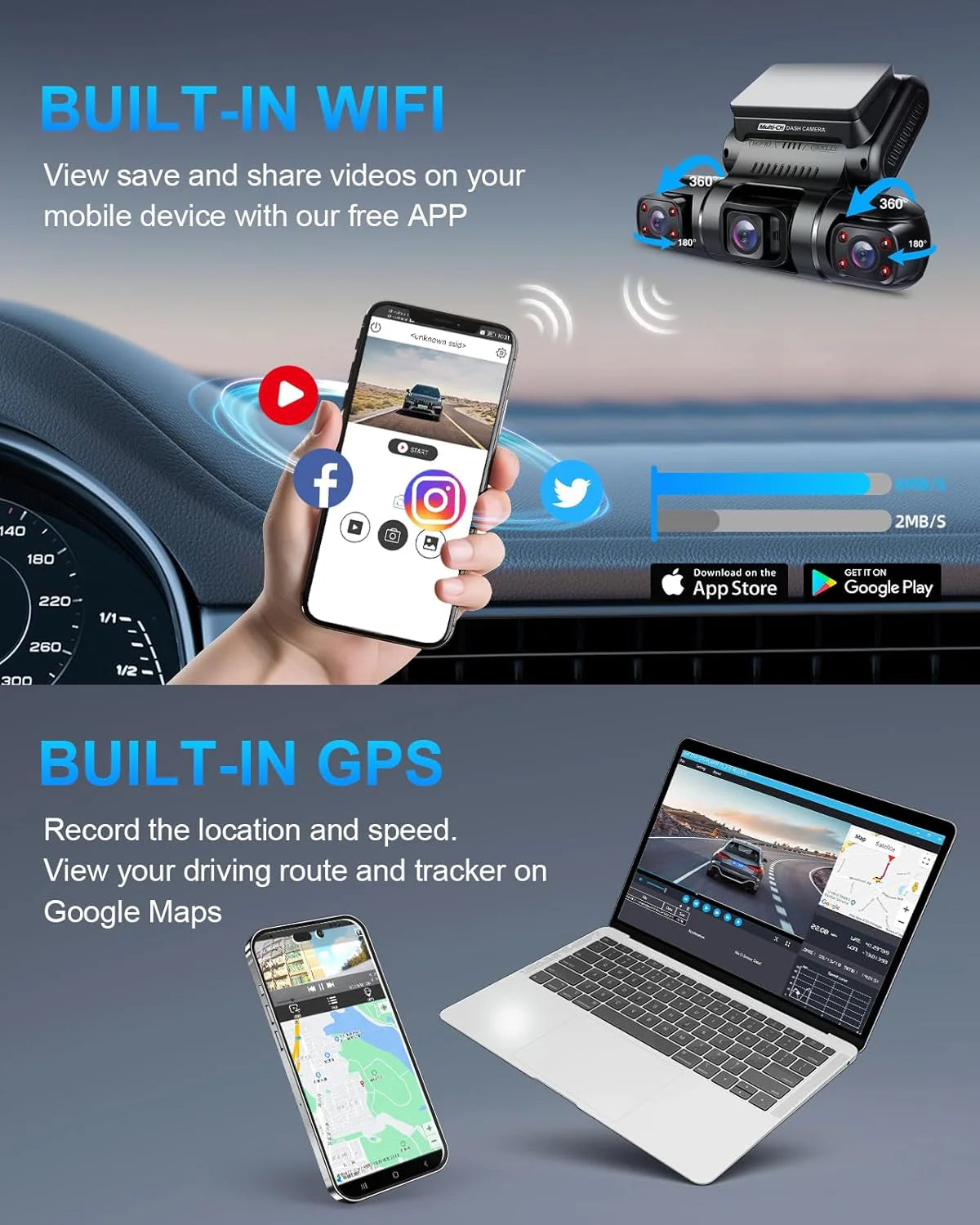 PRUVEEO 360-degree view car dash cam, built-in GPS WiFi night vision, 24/7 all-weather recording parking mode monitor, free 128G card