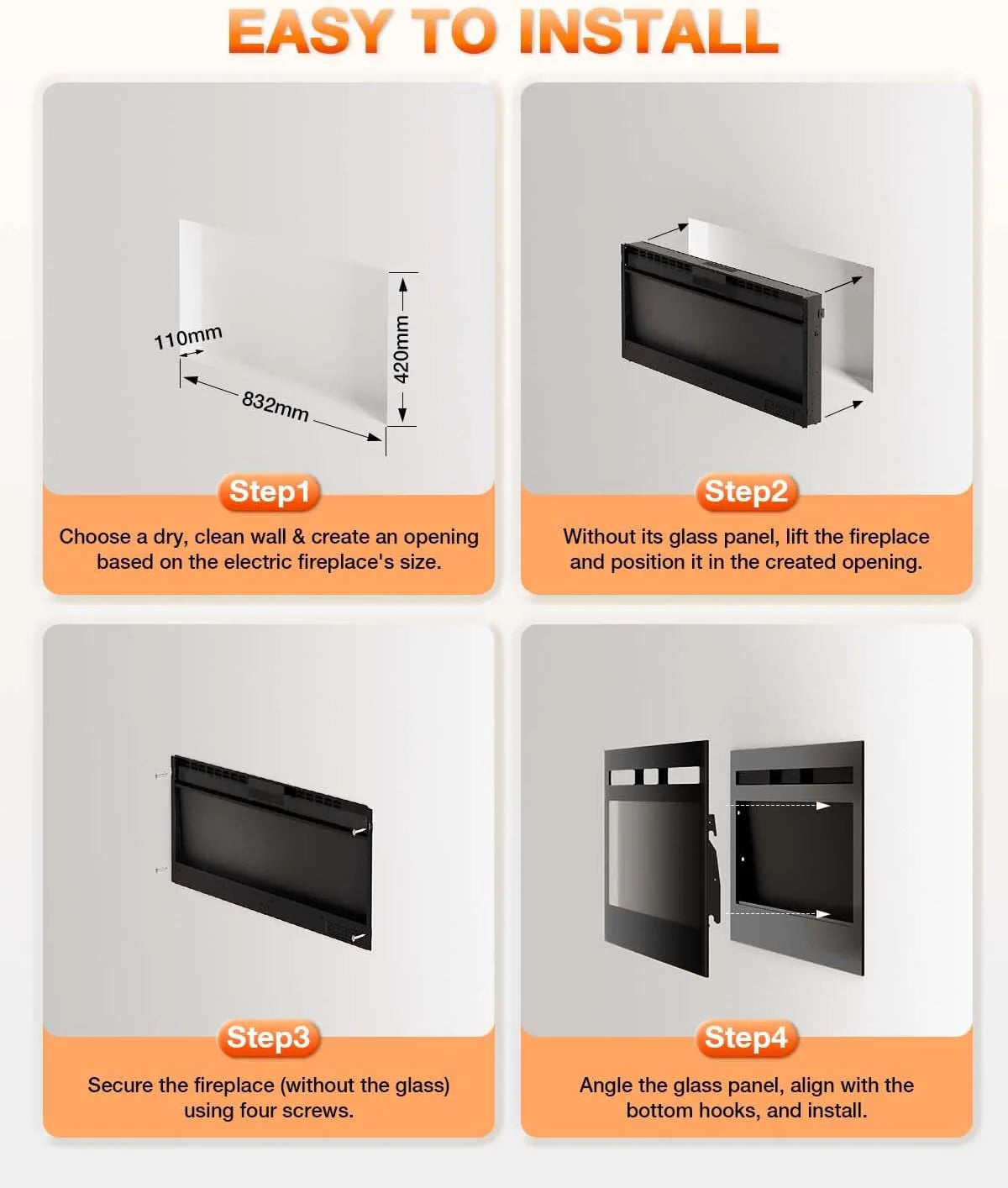 Electric Fireplace 60Inch,Wall Mounted Electric Fireplace Heater with Timer Inserts，TV Stand Touch Screen and Realistic Flame,Log Set,Crystal Flames 750 to 1500W，Remote for Living Room