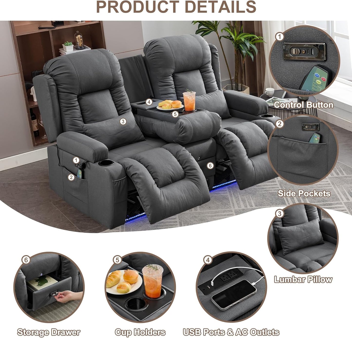 TUNYI Power Loveseat Recliner Sofa with Massage & Heat Home Theater Seating with Console Electric Recliner RV Sofa with USB/Outlet/Storage/Side Pocket/LED Light/Speaker (Brown, Loveseat)