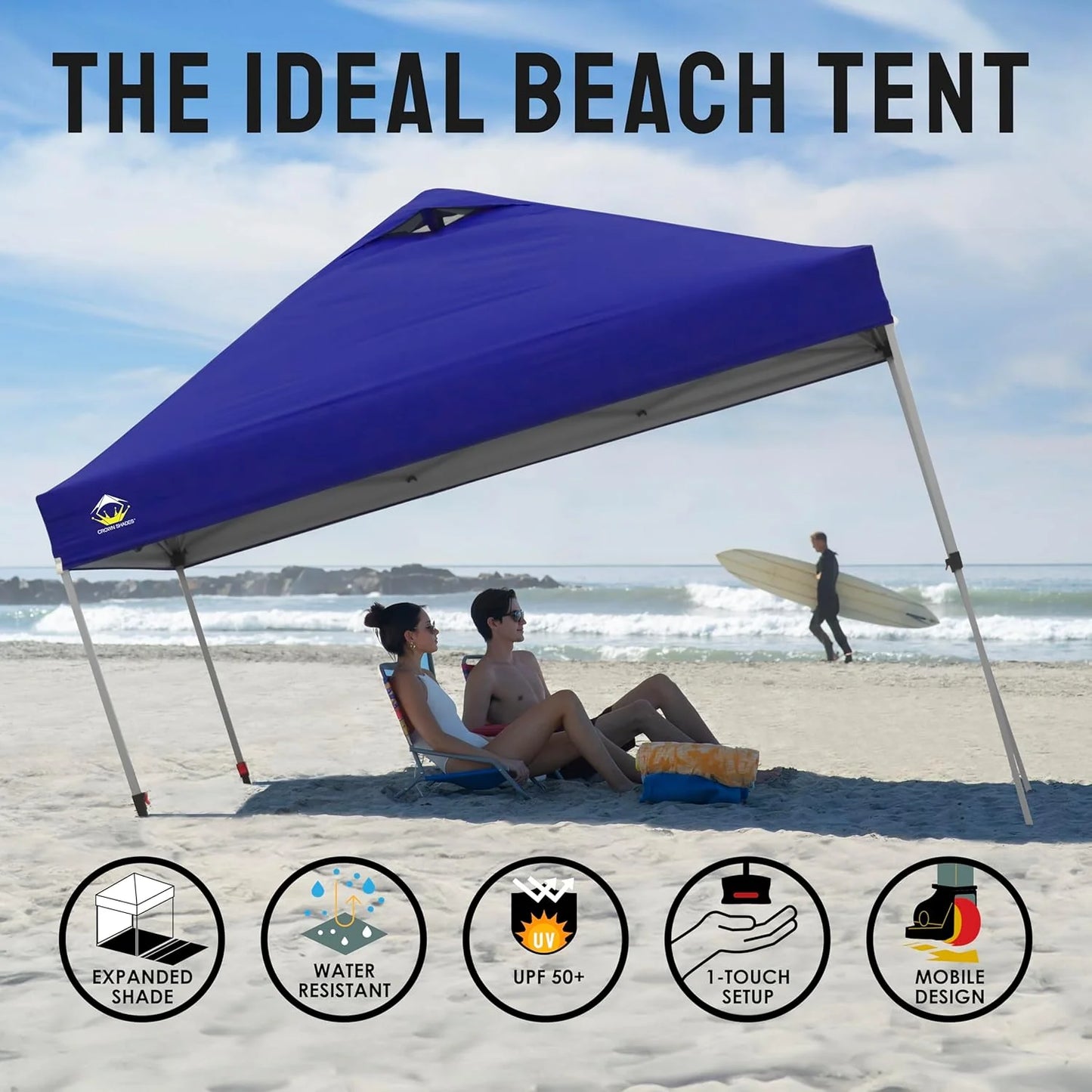 10x10 Pop-Up Awning - One-Click Installation Beach Tent - Outdoor Sunshade Silver Coated Top, 3 Heights and 4 Sand Pockets