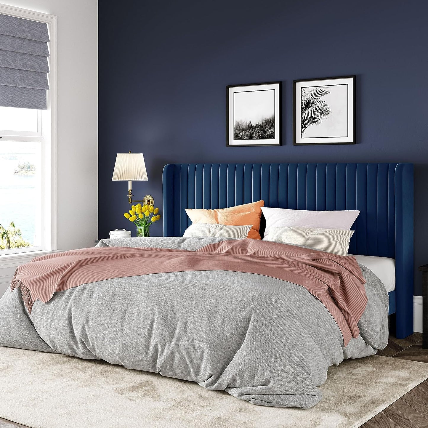 Allewie Full Size Velvet Bed Frame/Vertical Channel Tufted Wingback Headboard/Upholstered Platform Bed/Strong Wooden Slats/No Box Spring Needed/Easy Assembly/White