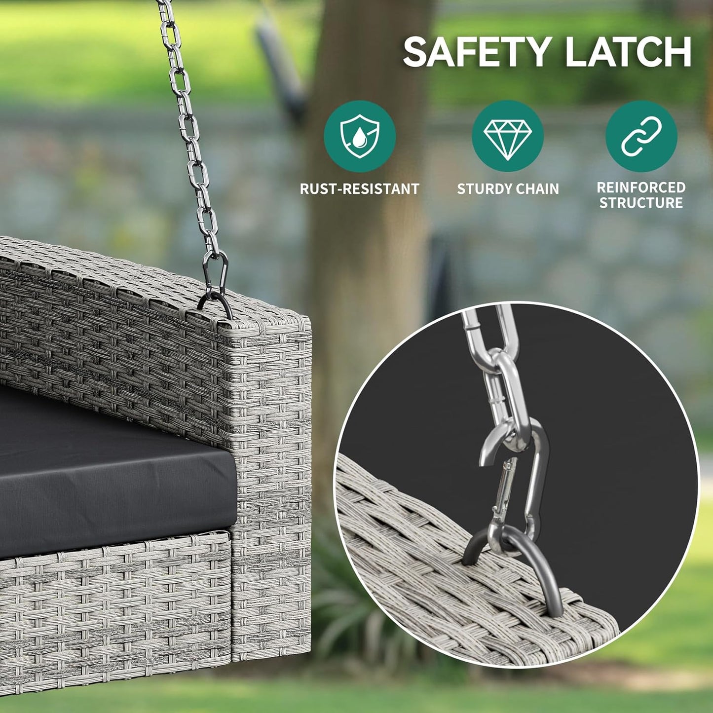 YITAHOME Hanging Porch Swing Chair Sits 3 People, Wicker Outdoor Swing Bench, Patio Lounge Chair, 1 Seating Cushion and 3 Back Cushions, w/Removable Covers, for Garden, Balcony, Backyard, Brown