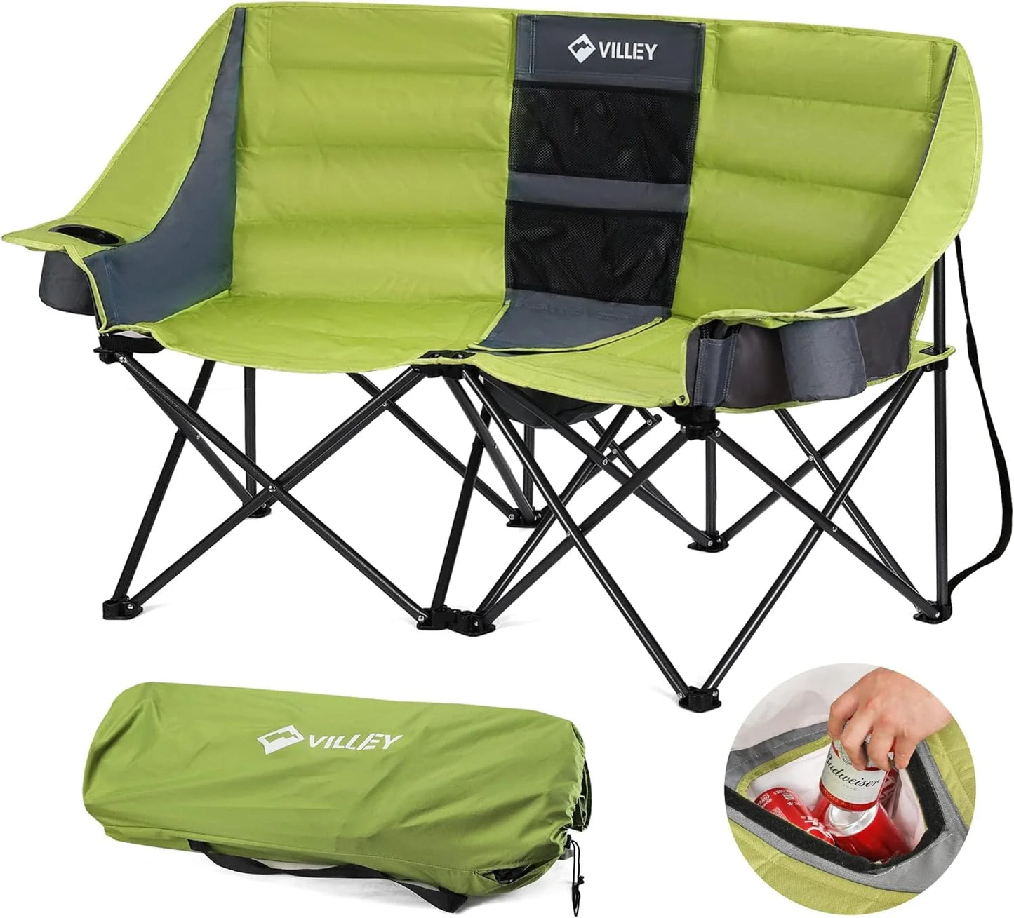 Double camping chair (with cooler bag), extra wide love seat, heavy duty padded camping sofa, portable folding chair