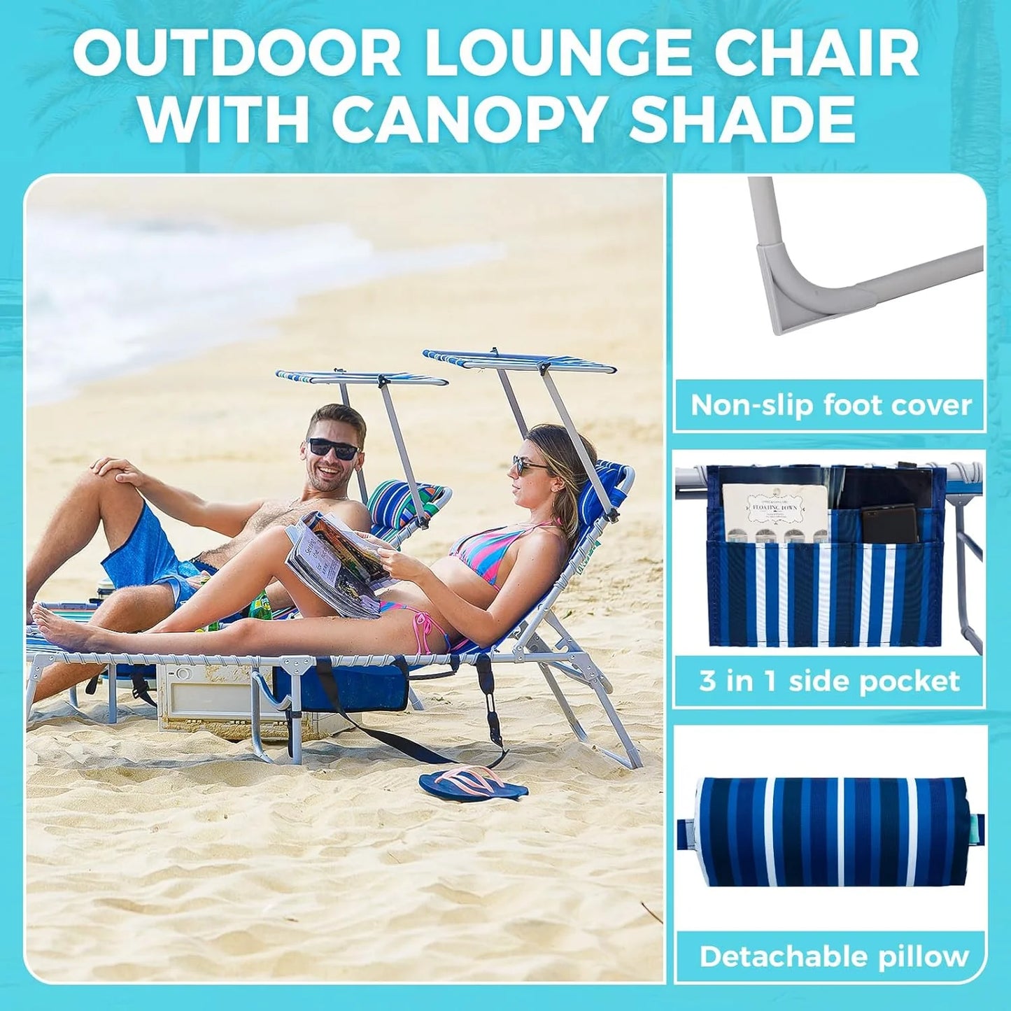 2 Pack Outdoor Chaise Lounge Chair - Portable Folding Patio Pool Lounge Chair, 5 Positions Adjustable Reclining Camping Chair with Side Table,Shoulder Strap, Pillow for Beach Sunbathing Lawn