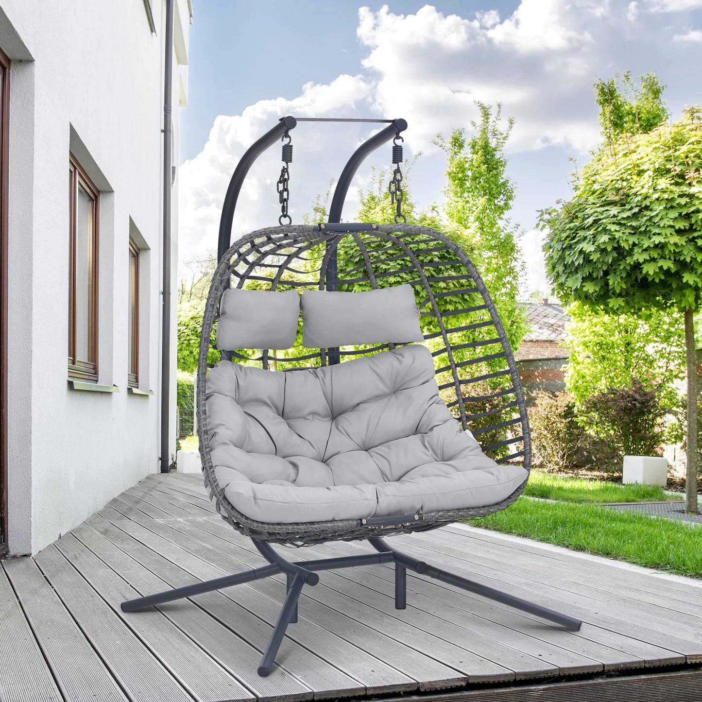 Double Swing Egg Chair with Stand, Large Hand-Woven Wicker Rattan Hanging Chair for 2 People