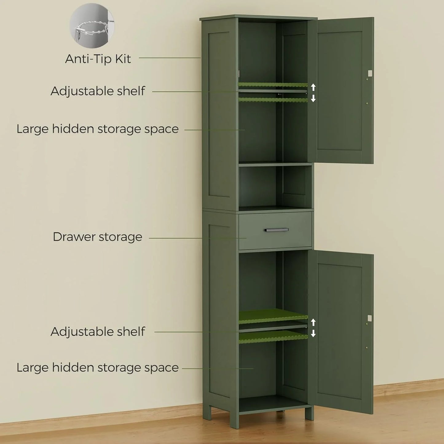 Homhedy 67" H Tall Bathroom Storage Cabinet with 2 Barn Doors and 1 Drawer, Narrow Storage Unit, Adjustable Shelves, Floor Cabinet for Bathroom, Living Room, Entryway, Kitchen, White, (15.7" W)