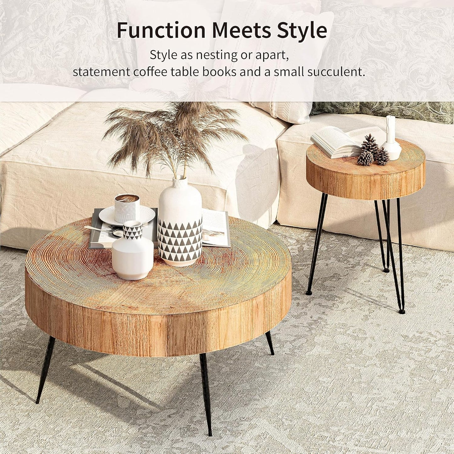 Two-Piece Modern Farmhouse Living Room Coffee Table Set, Round Nesting Tables