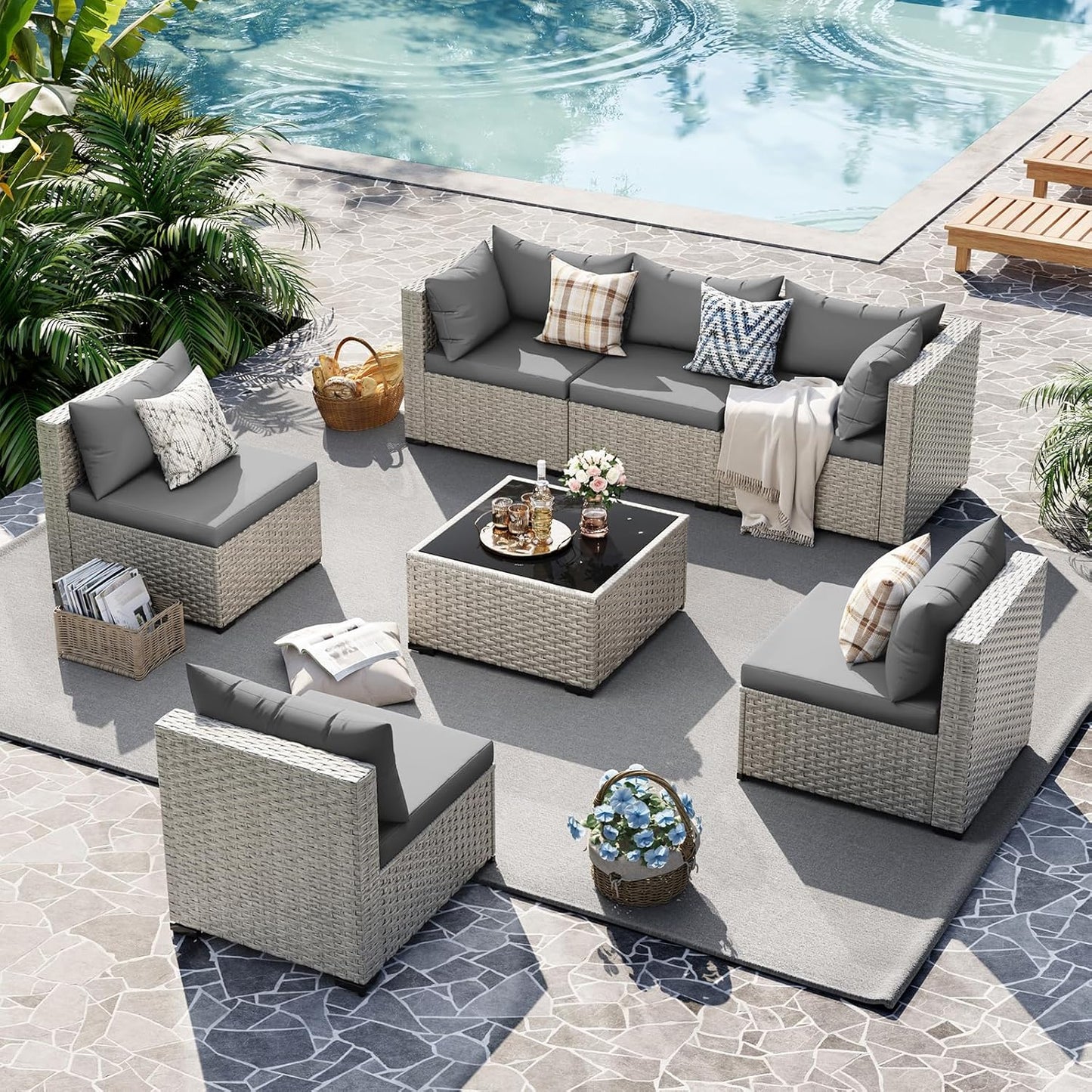 UDPATIO Outdoor Patio Furniture Set, 7-Piece PE Wicker Sectional Sofa with Tea Table, Outdoor Conversation Set
