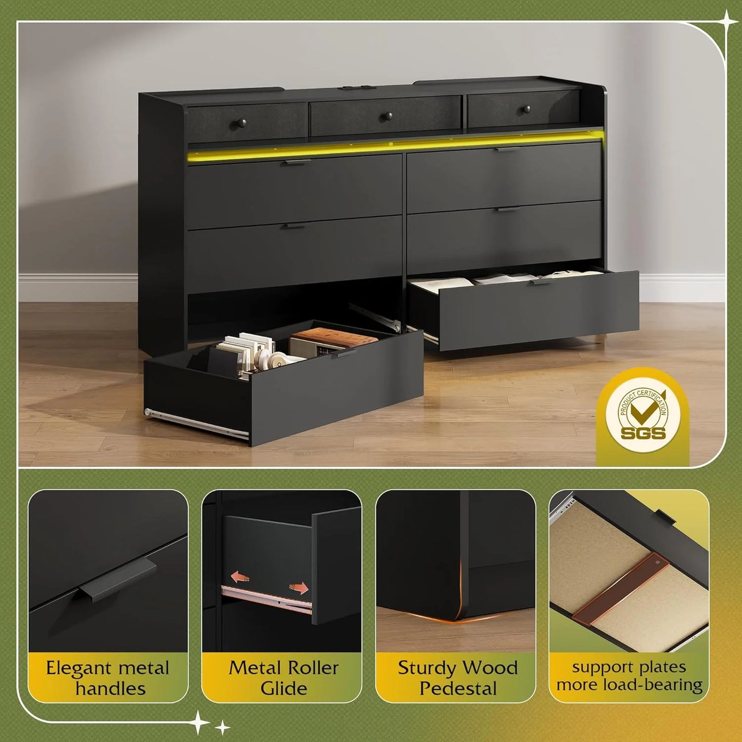 9 Drawer Led Dresser for Bedroom, 58.35'' Wide Wood Dresser Storage Organizer with Power Outlets for 65'' TV, Dressers with Open Shelves