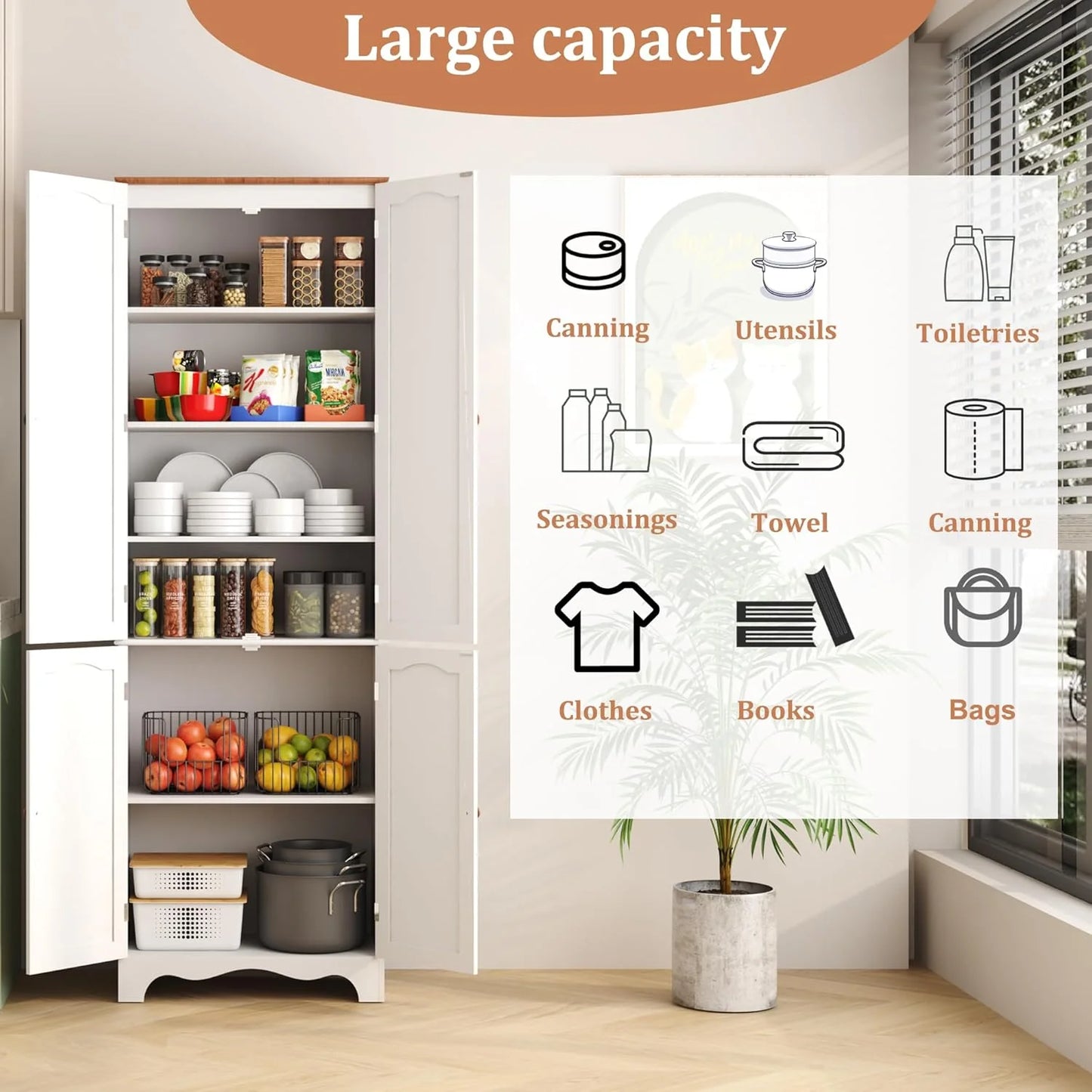 Tall Pantry Cabinet, Freestanding Storage Cabinet, Wooden Kitchen Pantry with 4 Doors and 5 Shelves, 72" Floor Cabinet Organizer