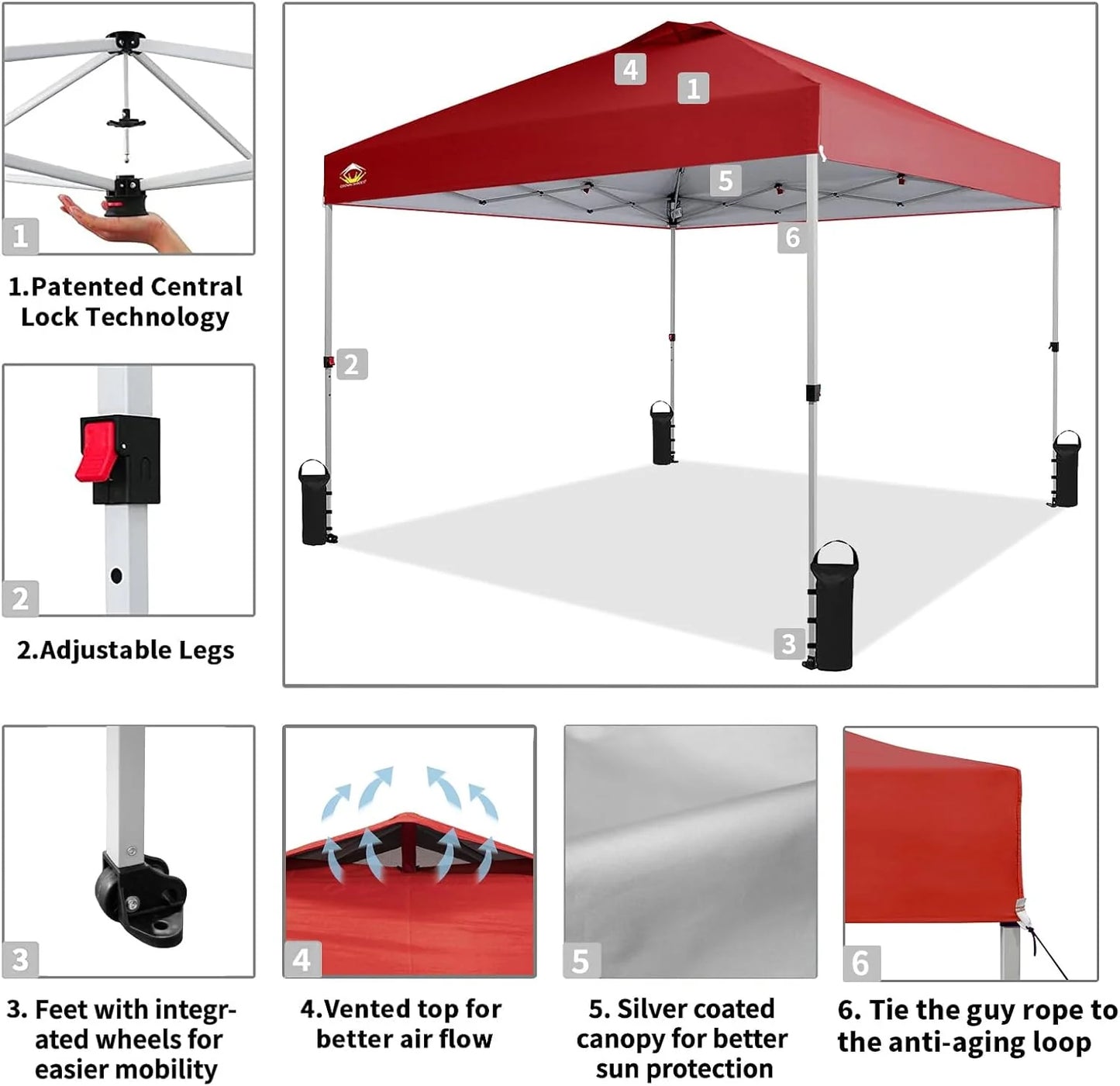 10x10 Pop-Up Awning - One-Click Installation Beach Tent - Outdoor Sunshade Silver Coated Top, 3 Heights and 4 Sand Pockets
