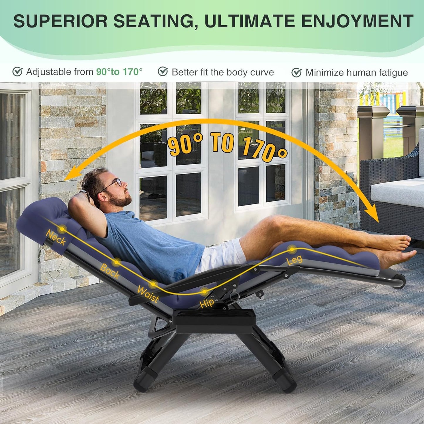 Indoor and outdoor patio chair folding lounge chair zero gravity chair with removable cushion camping lounge chair