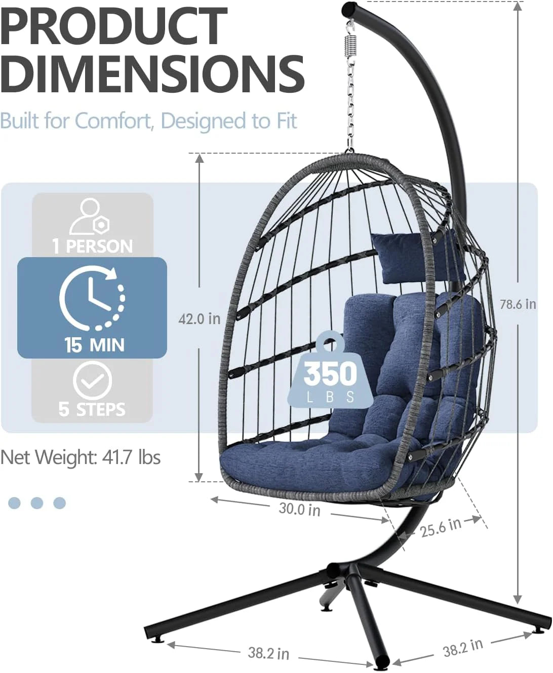 SWITTE Egg Chair Outdoor with Stand, Indoor Wicker Hanging Egg Swing Chair with Cushion, 350lbs Capacity for Patio, Bedroom