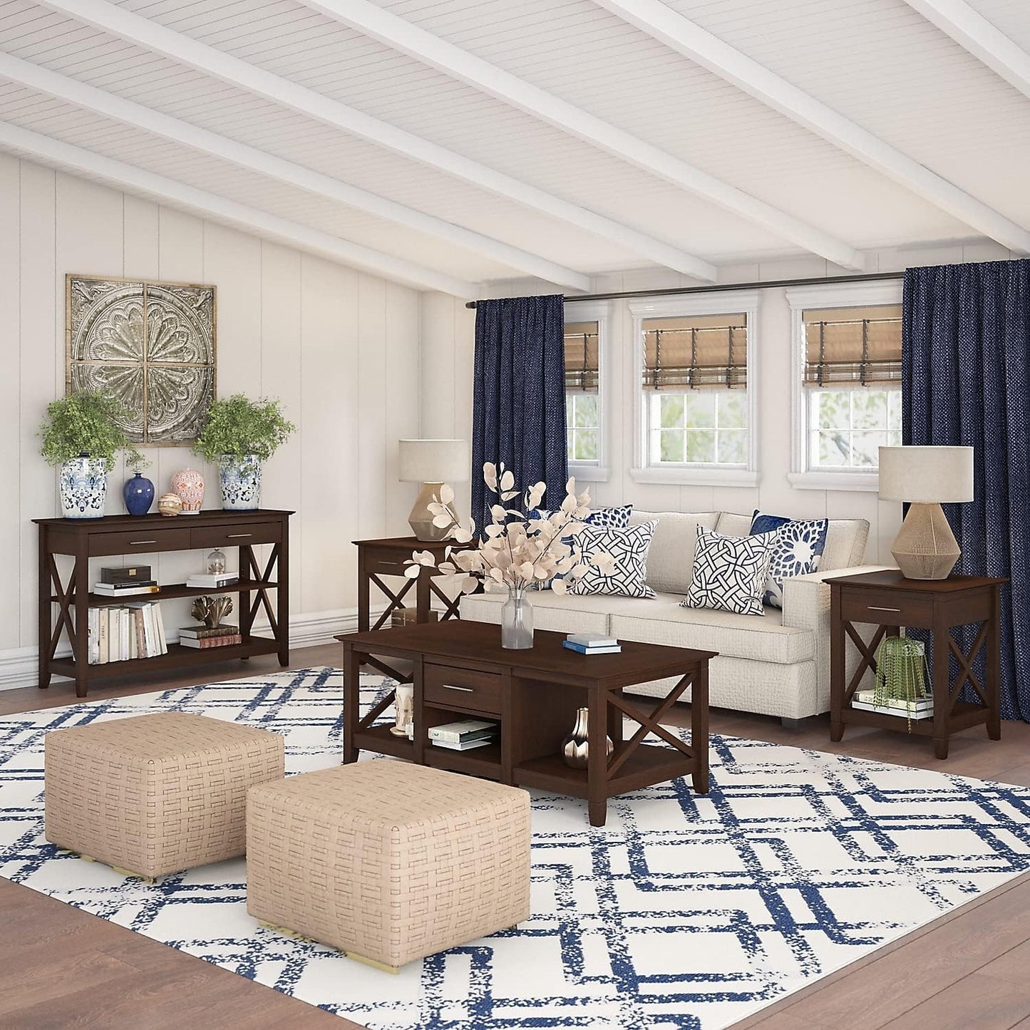 Key West Console Table with Drawers and Shelves in Linen White Oak