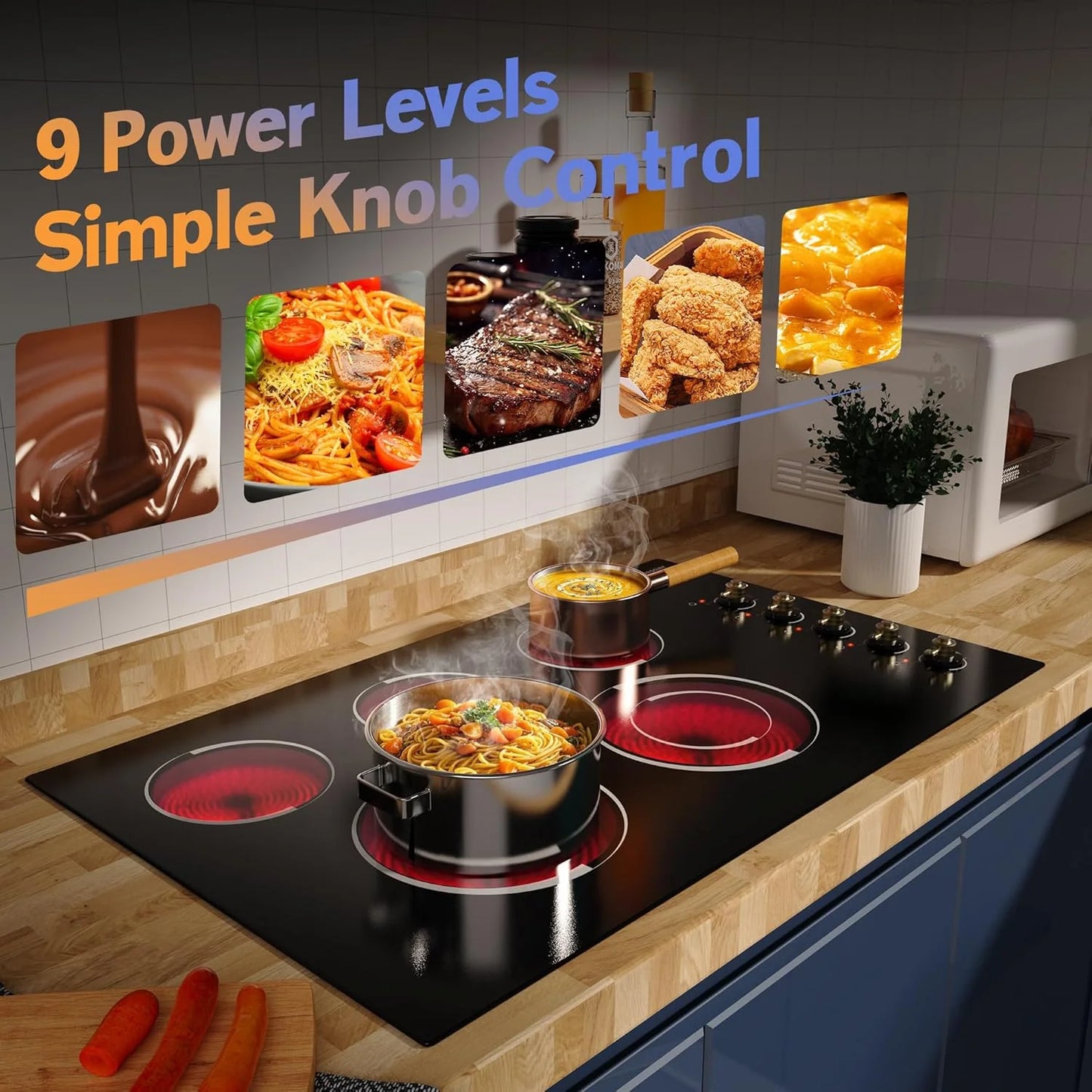 Electric Cooktop 30 Inch - 5 Burners Built-in Ceramic Cooktop, 30" Electric Stove Top with Glass Protection Metal Frame, 9 Heating Level, 8400W, 220-240V for Hard Wire(No Plug)