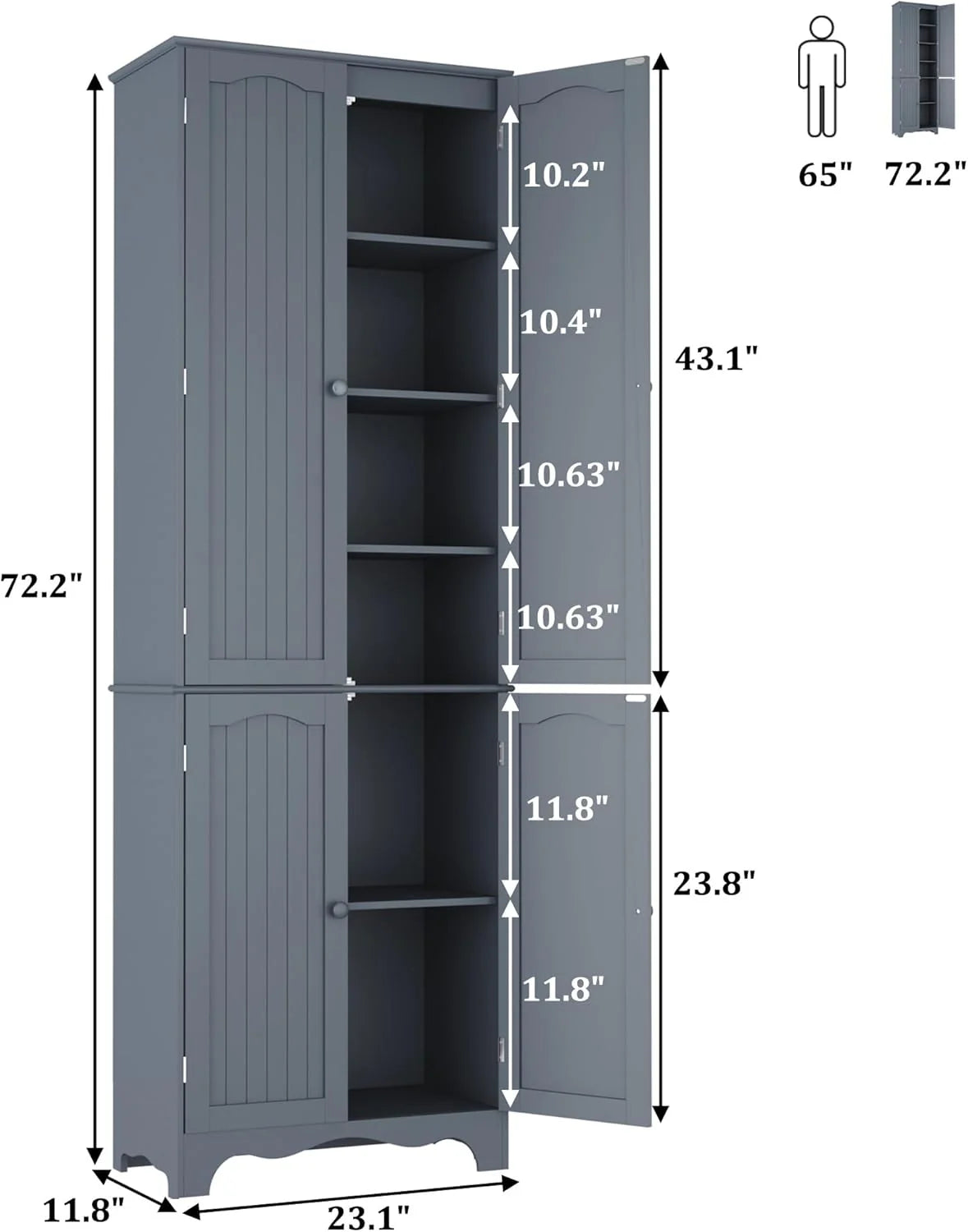 Tall Pantry Cabinet, Freestanding Storage Cabinet, Wooden Kitchen Pantry with 4 Doors and 5 Shelves, 72" Floor Cabinet Organizer