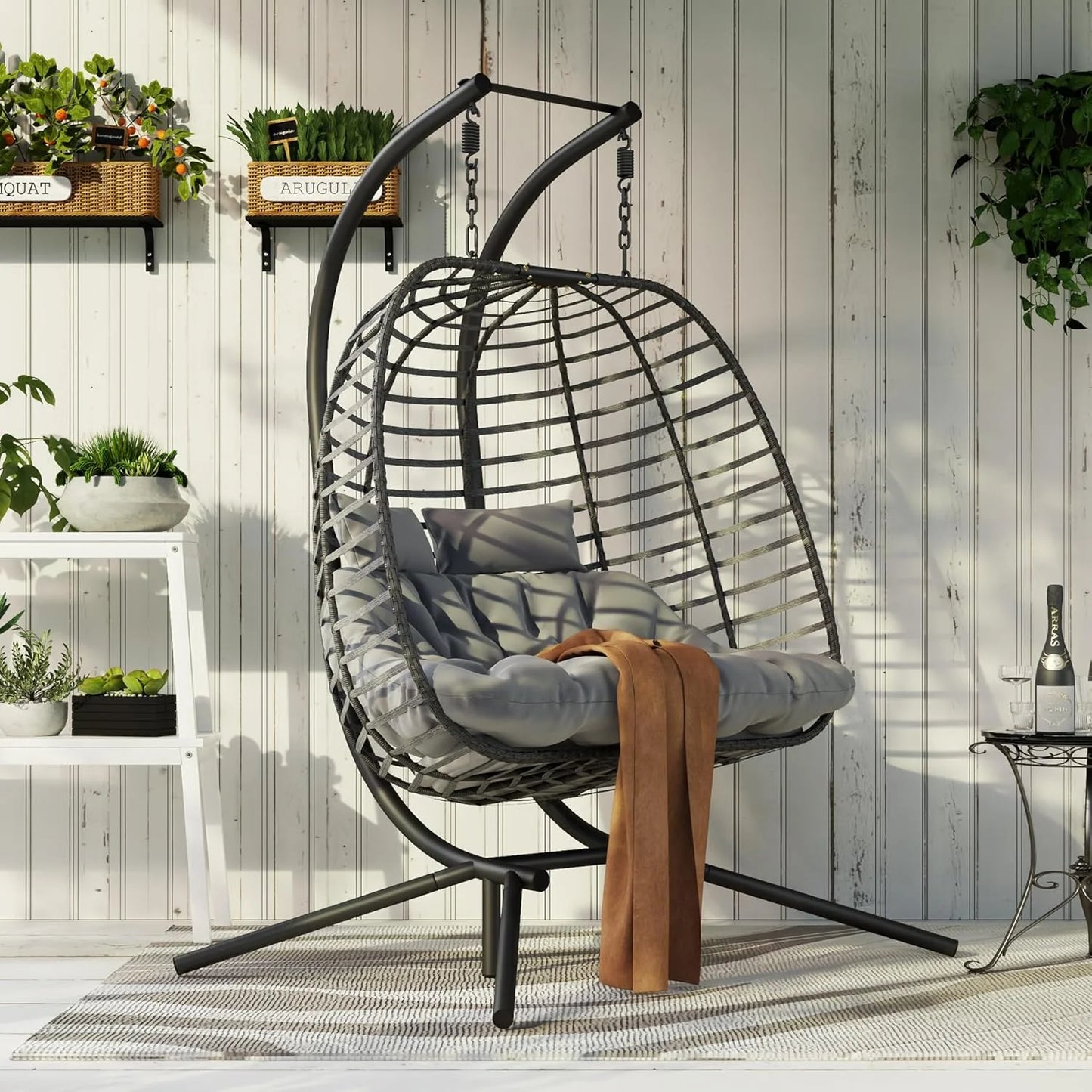 HWB Hanging Egg Chair with Stand, Patio Wicker Hammock Egg Swing Chair with Cushion for Bedroom Garden Indoor Outdoor (Beige)