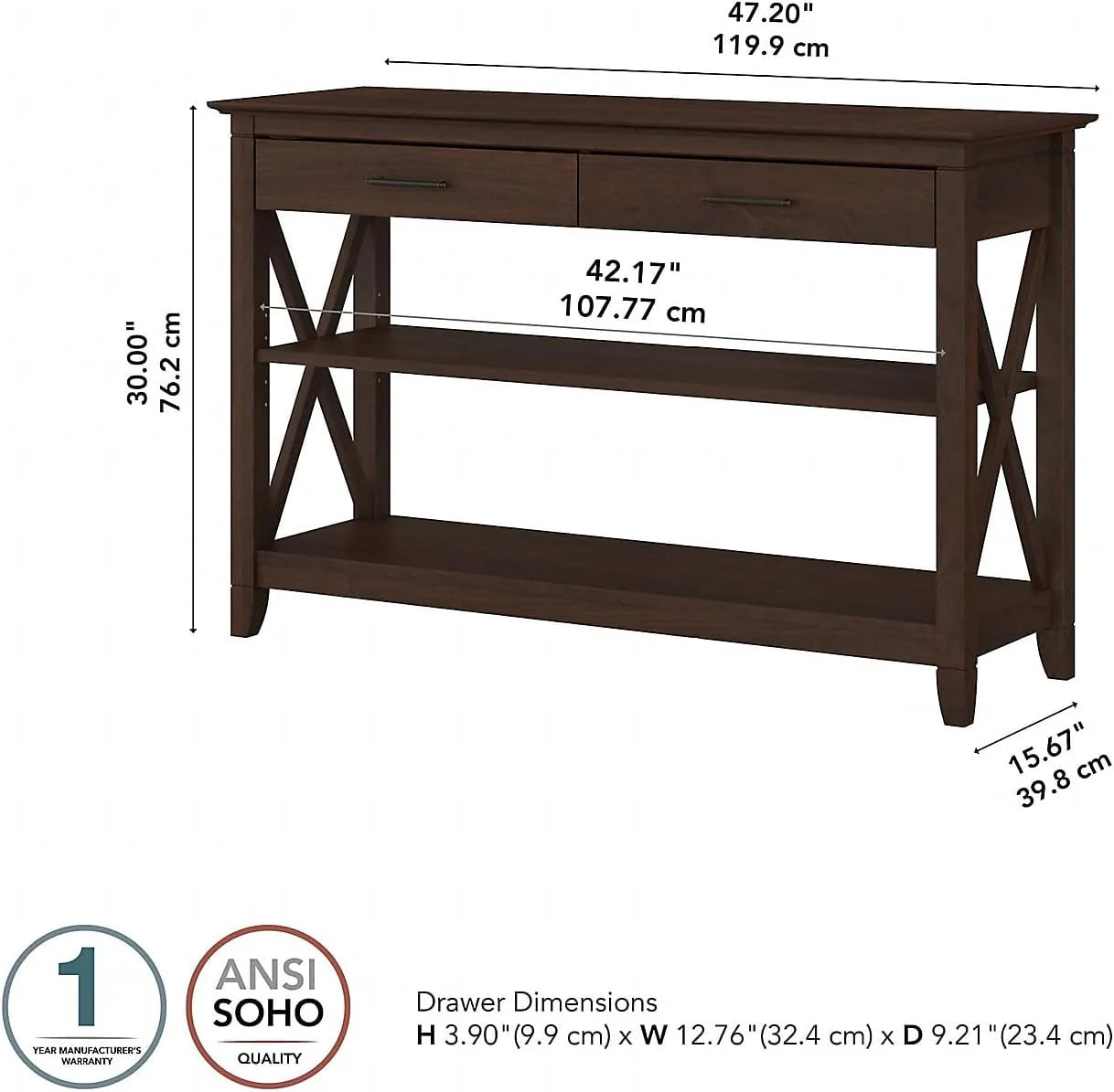 Key West Console Table with Drawers and Shelves in Linen White Oak