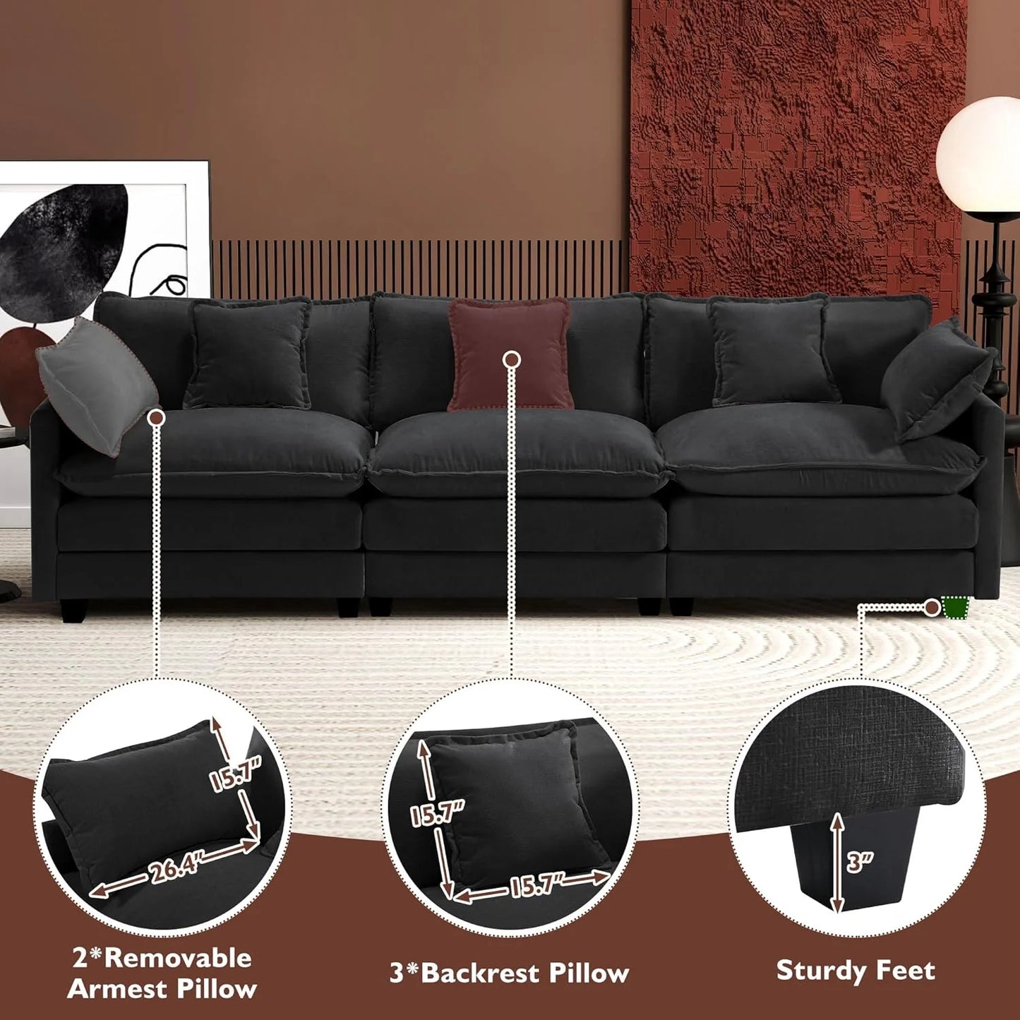111.4 Inch L-Shaped Modern Sofa Modular Cloud Sofa with Ottoman, 4-Seater Chenille Deep Seat Sofa with Pillows for Living Room, Bedroom and Apartment, Beige