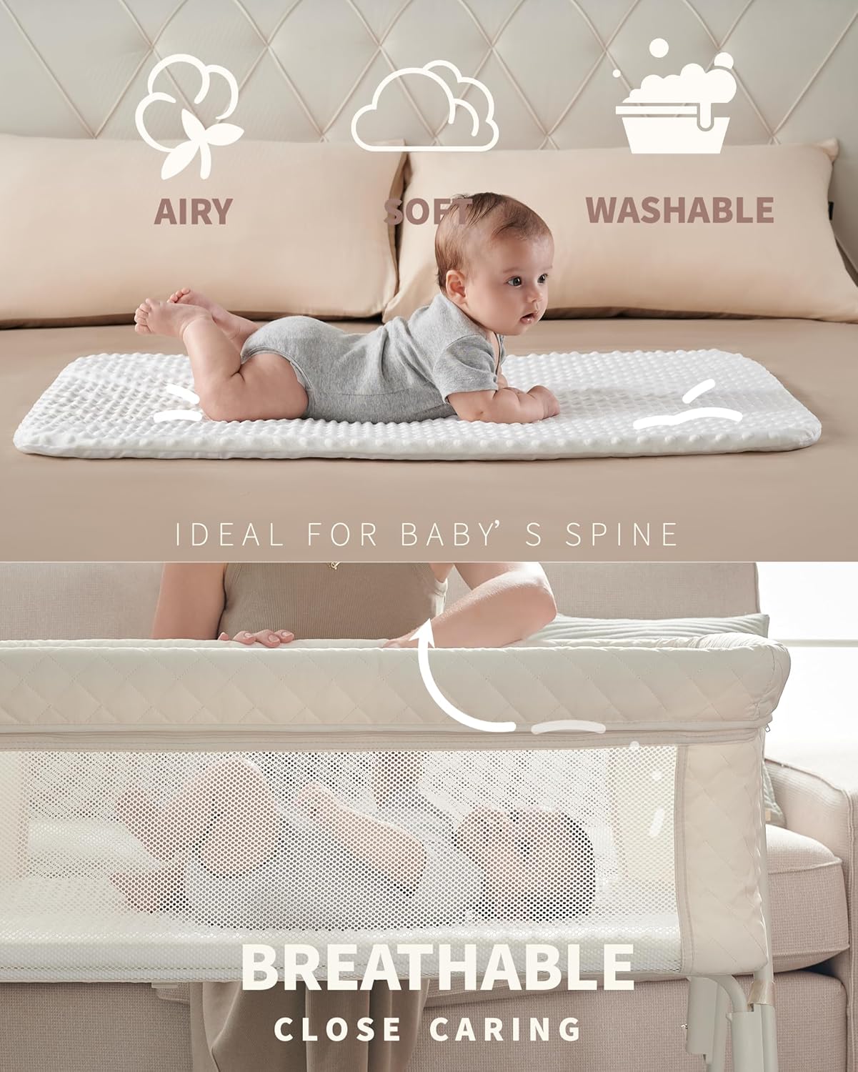 Bassinet Bedside Sleeper, Baby Crib for Newborn, Baby Bassinets Bedside Sleeper with 4 Auto-Lock & Adjustable Height, Breathable Mesh & Mattress