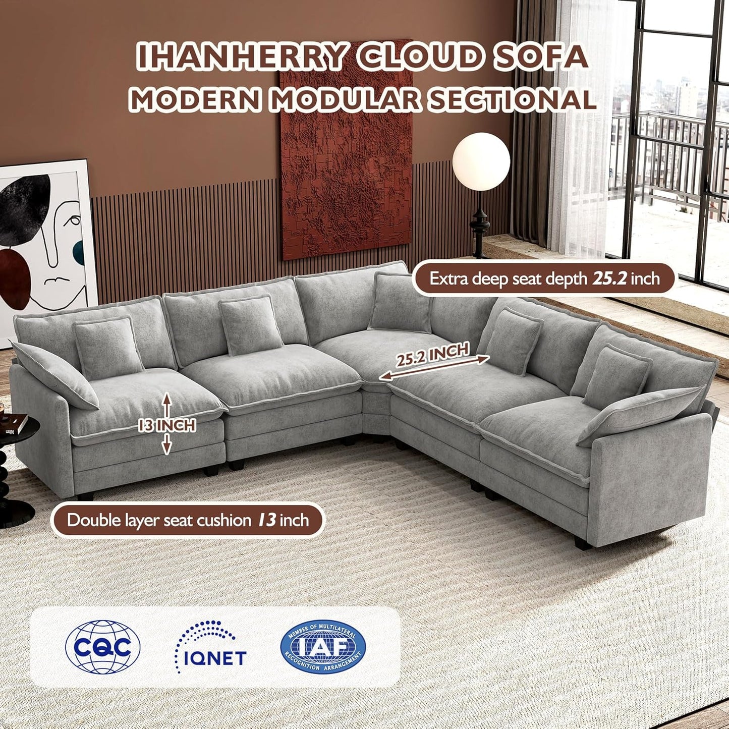 ihanherry 146-inch U-shaped modern sofa modular area cloud sofa