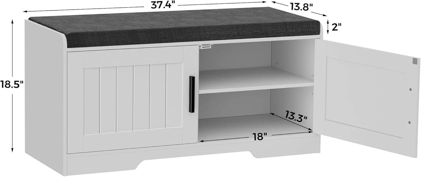 2-Tier Storage Bench, Shoe Bench with Thickened Padded Seat Cushion, Entryway Bench with 4 Doors, Adjustable Shelf