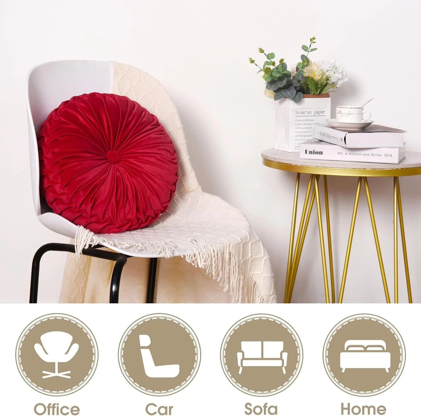 Set of 2 Decorative Round Pleated Throw Pillows