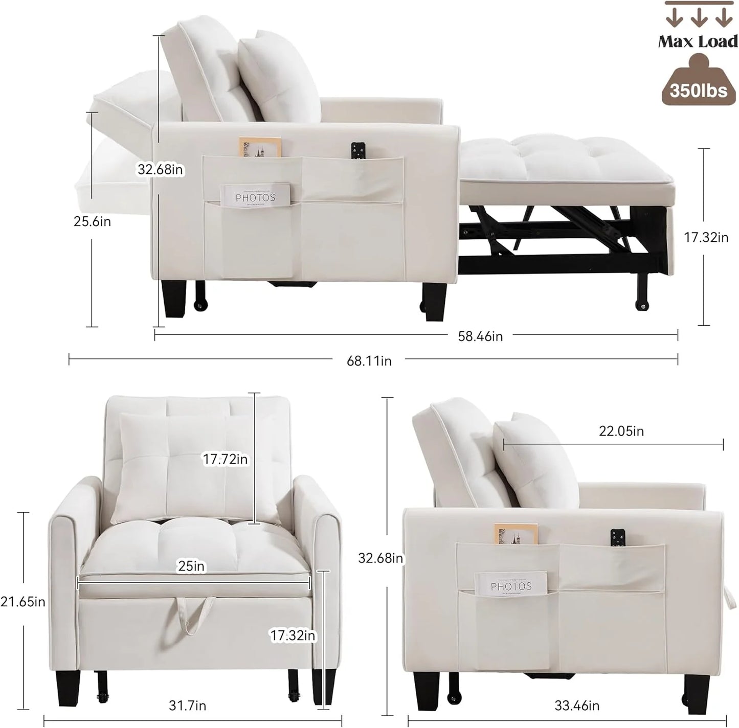 Convertible Sleeper Chair, 3 in 1 Sleeper Chair Bed Pull Out Sofa Bed Chairs, Velvet Single Sofa with Adjustable Backrest