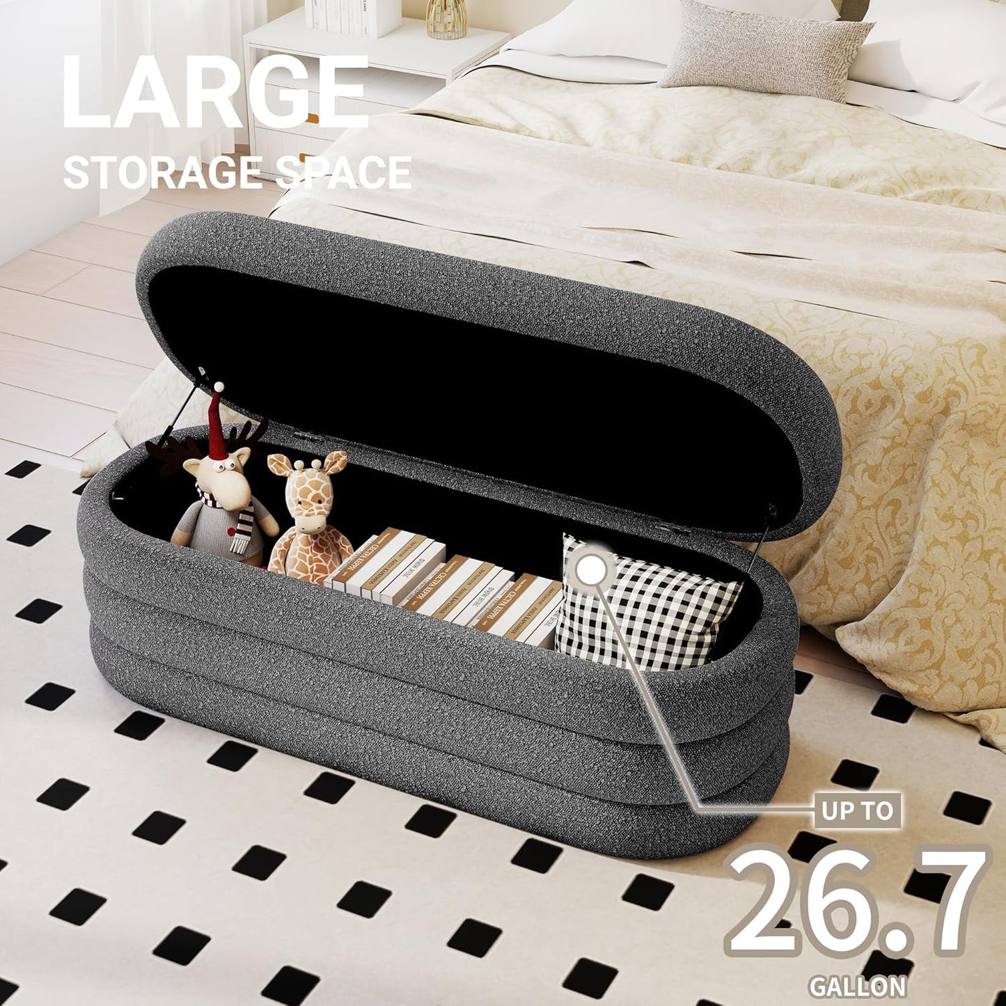 Storage Ottoman Bench 49.2 Inch Upholstered Fabric Storage Bench