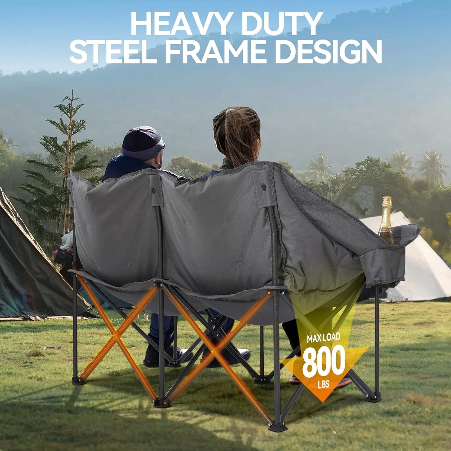 Camping Chair Upholstered Loveseat - Heavy Duty Extra Large Camping Sofa Portable Folding Sofa with Cup Holder and Carry Bag