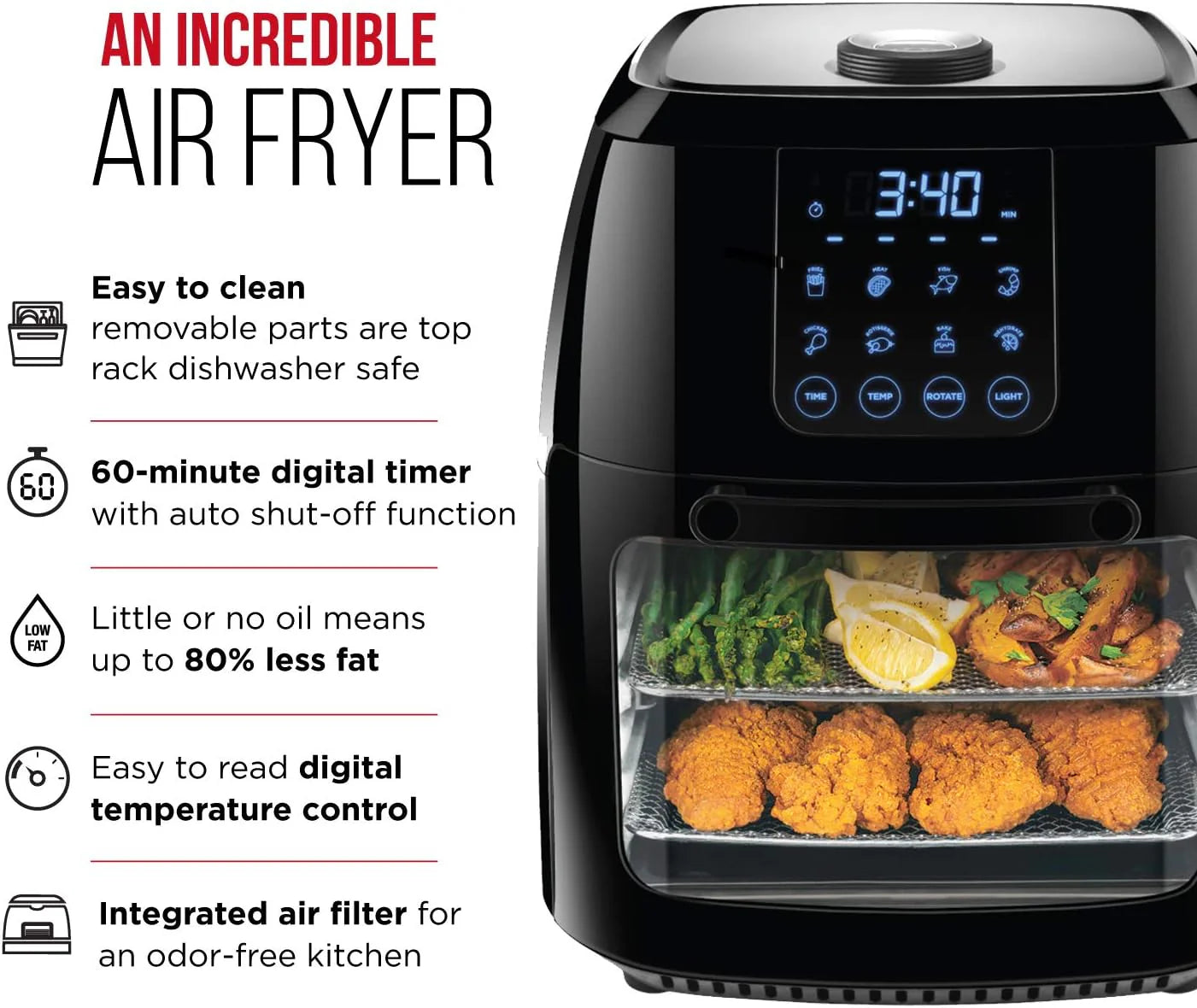Chefman Compact 6.3-Quart Digital Air Fryer with Rotisserie, Dehydrator, and Convection Oven, 8 Touchscreen Presets