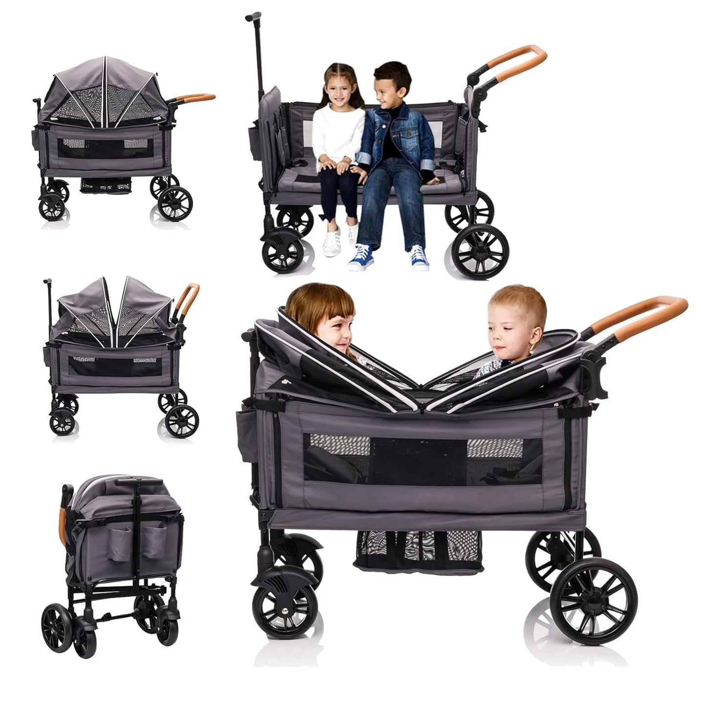 Wagon Stroller for 2 Kids & Cargo-Travel Stroller Push-Pull Double Wagon Lightweight Folding Stroller for Newborn&Toddler with 5-Point Harness,Adjustable Handle Bar and Canopy,Tray Table,Cup Holder