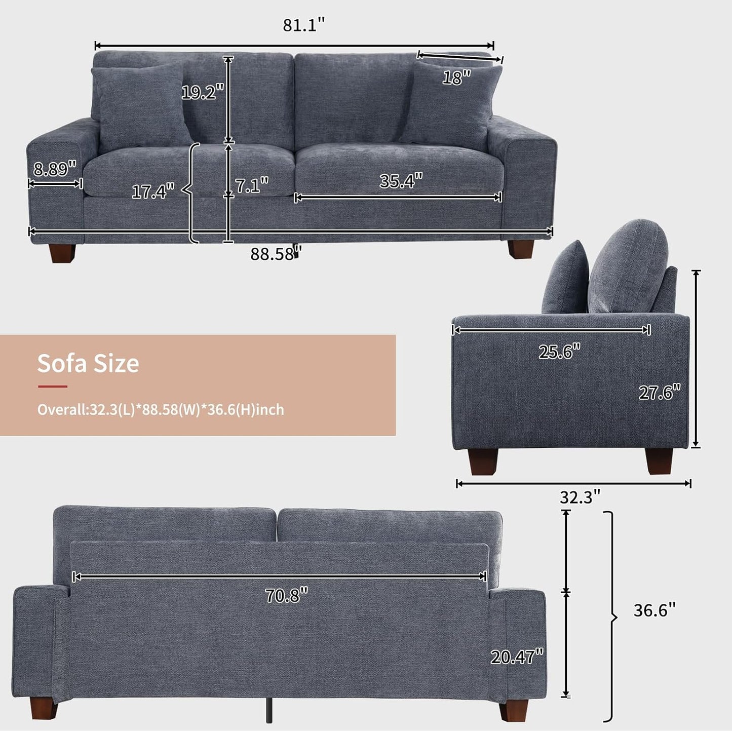 DOPEDIO living room double sofa, chenille lounge chair, removable, solid wood frame