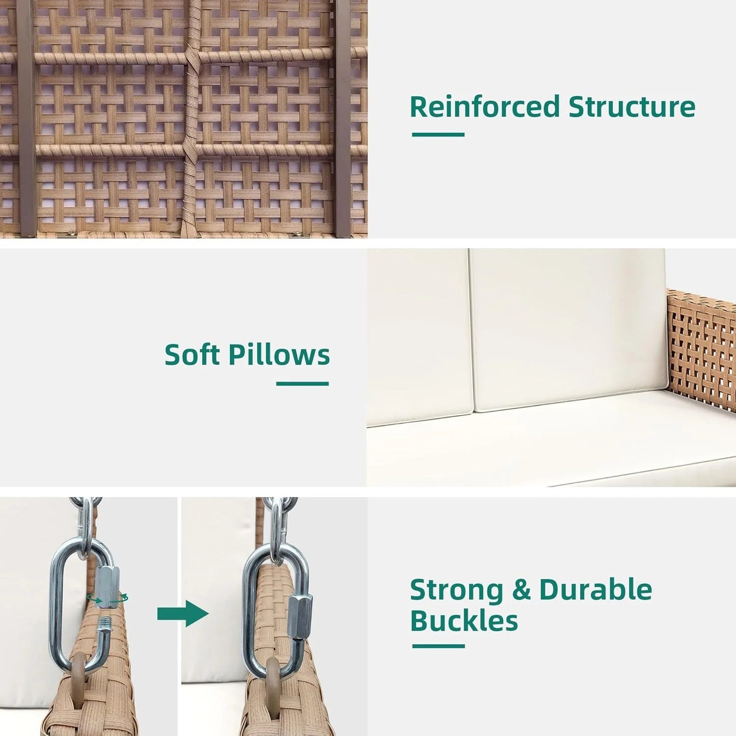 YITAHOME Hanging Porch Swing Chair Sits 3 People, Wicker Outdoor Swing Bench, Patio Lounge Chair, 1 Seating Cushion and 3 Back Cushions, w/Removable Covers, for Garden, Balcony, Backyard, Brown