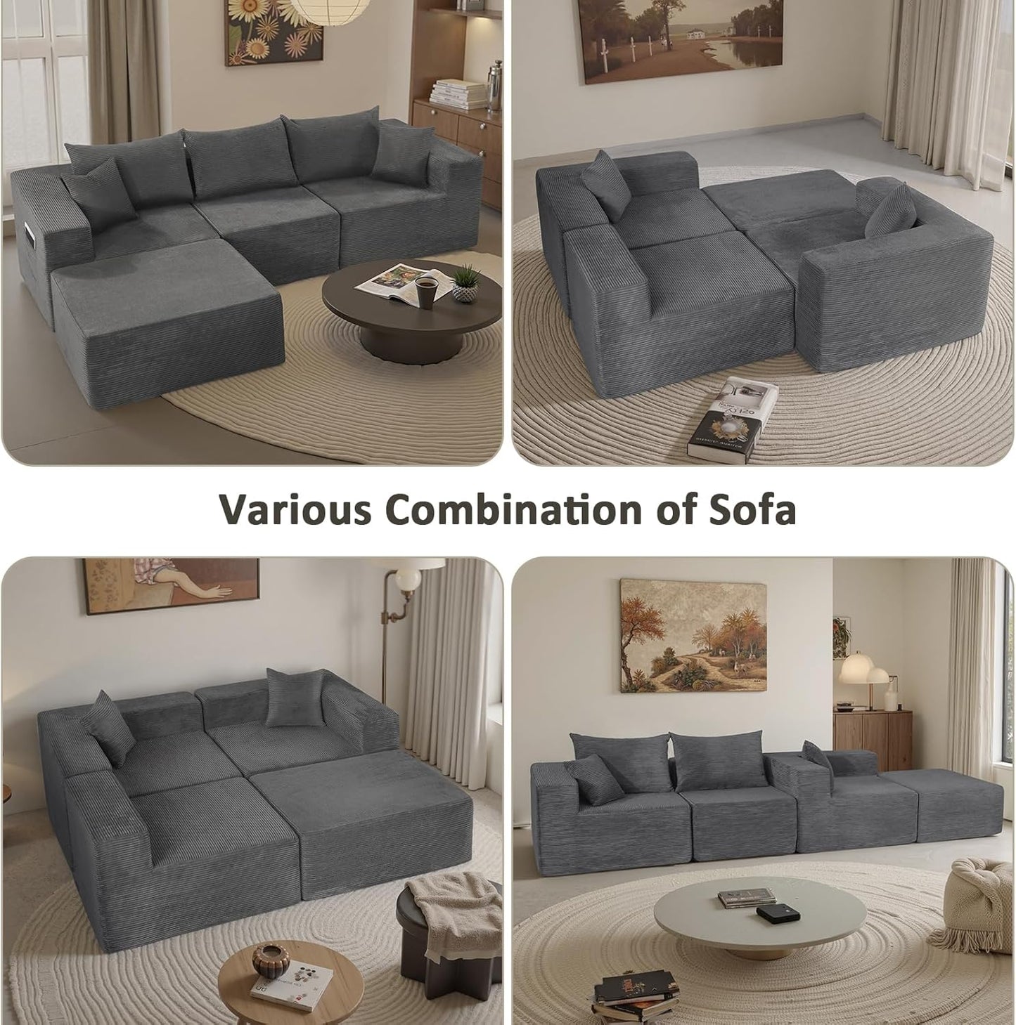 Cloud sofa with L-shaped lounge chair, modern modular sofa with deep seats