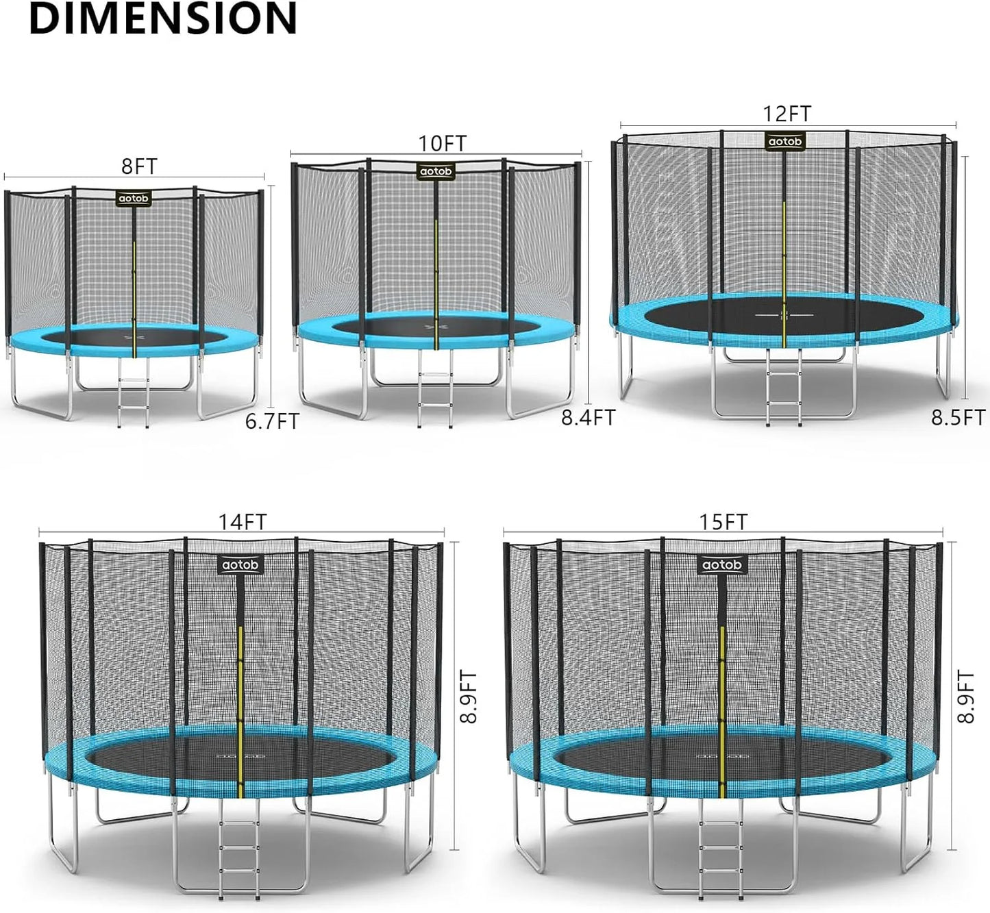 AOTOB 8FT 10FT 12FT 14 FT 15FT Trampoline with Safety Enclosure Net，Outdoor Trampoline with Basketball Hoop, Heavy Duty Jumping Mat and Spring Cover Padding for Kids and Adults, Storage Bag and Ladder