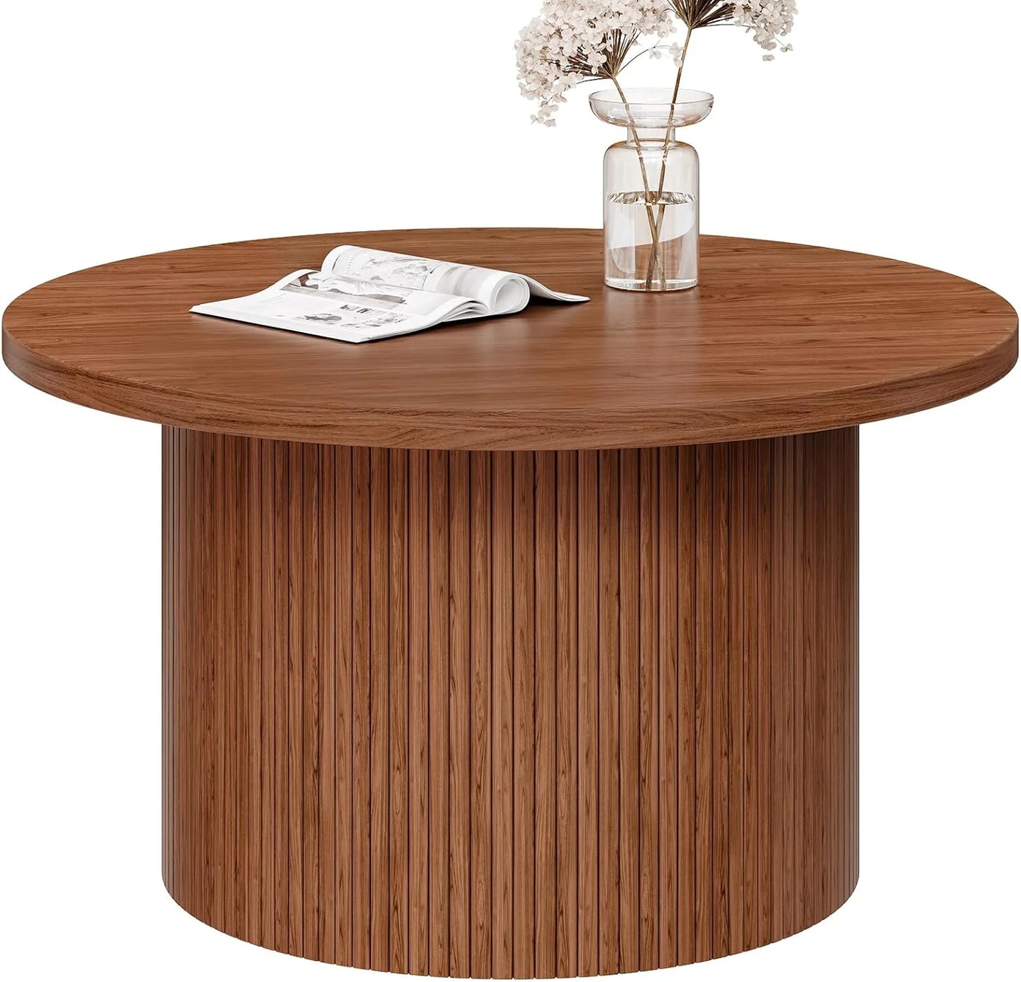 31.5 inch round coffee table, living room roll-up coffee table, mid-century modern wood coffee table